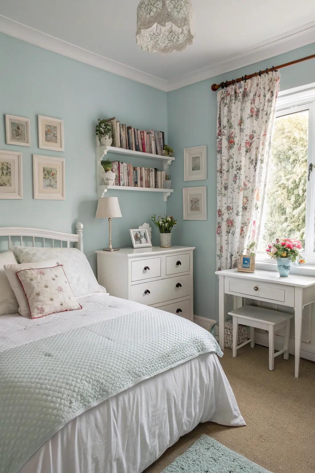Sky blue walls create a serene and restful environment.