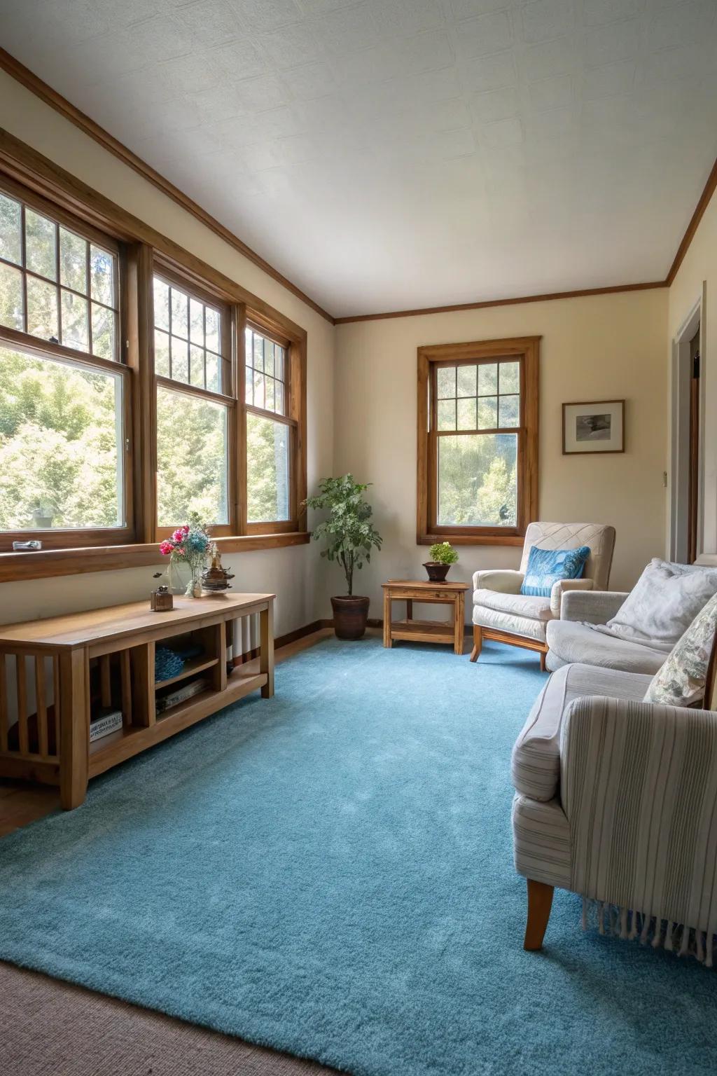 Azure carpets foster an airy, broad sensation, optimal for small quarters.