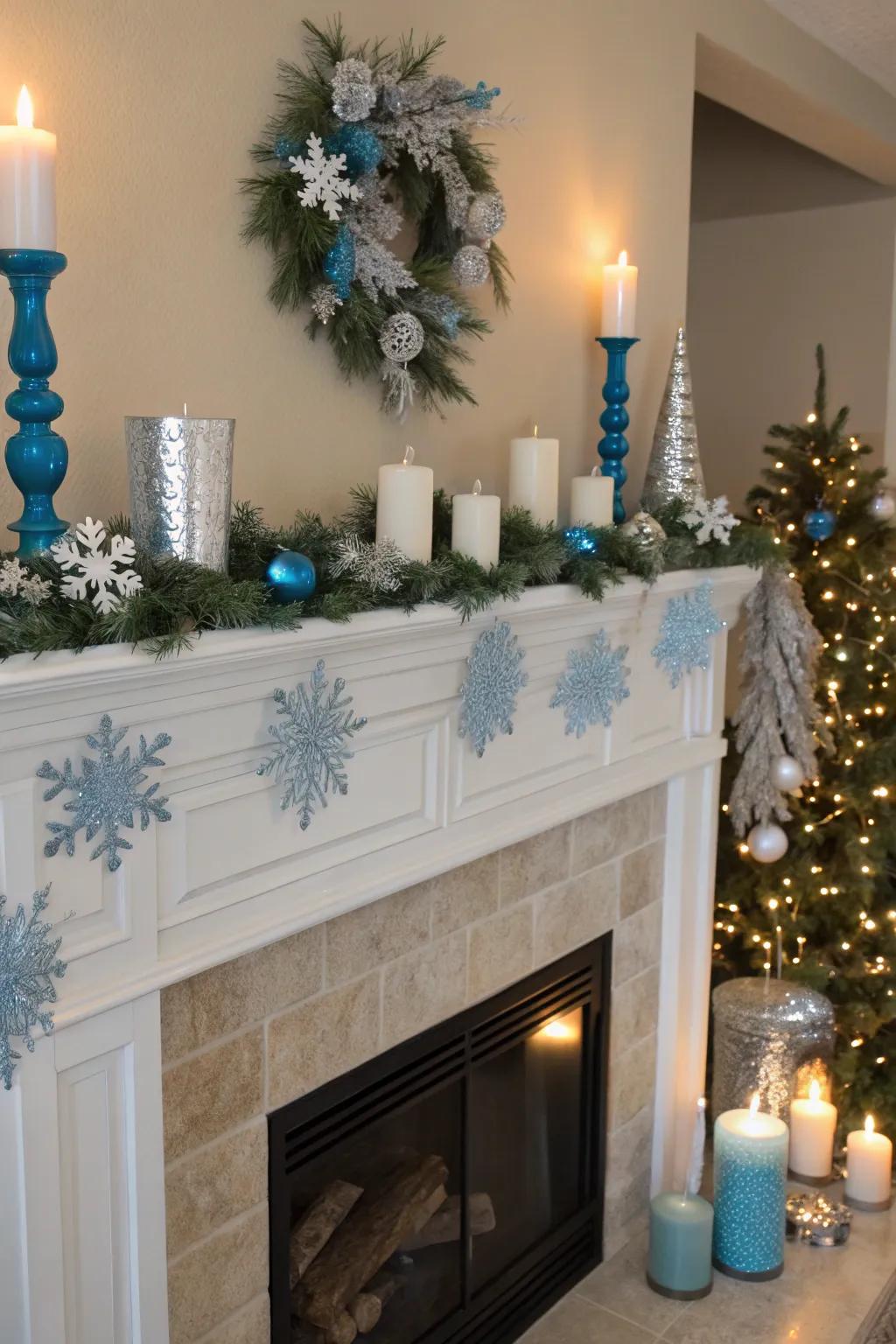 Forge a frigid expanse on your chimneypiece with azure and ivory ornamentation.