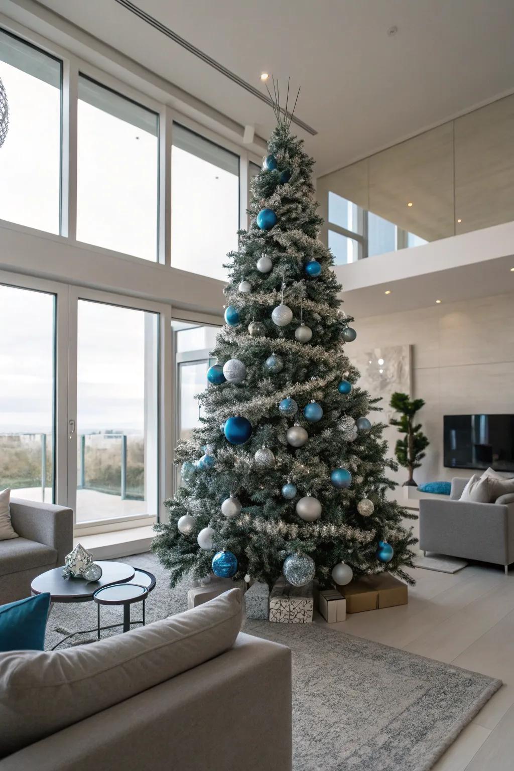 A dazzling combination of blue and silver adorning a Christmas tree.