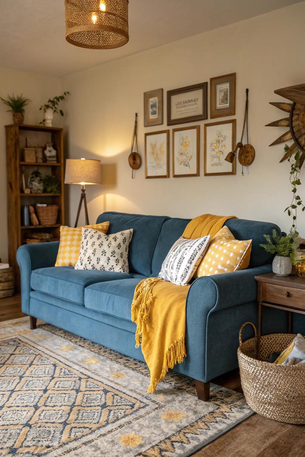 Golden yellow details bring warmth to a blue sofa arrangement.