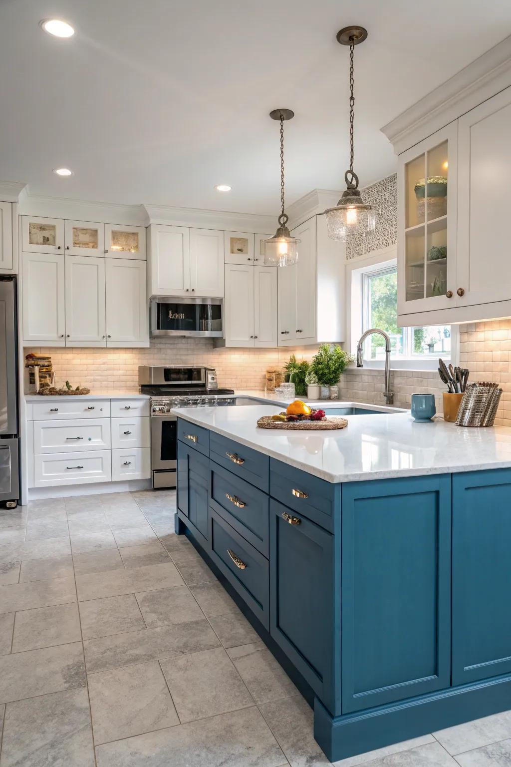 A revitalizing kitchen featuring dual-tone blue and ivory cabinetry.