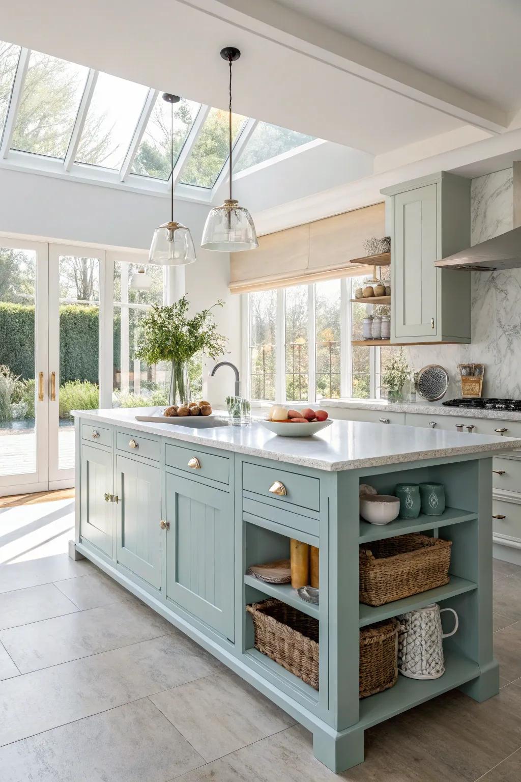 Light blue infuses this cozy kitchen with tranquility and a feeling of openness.