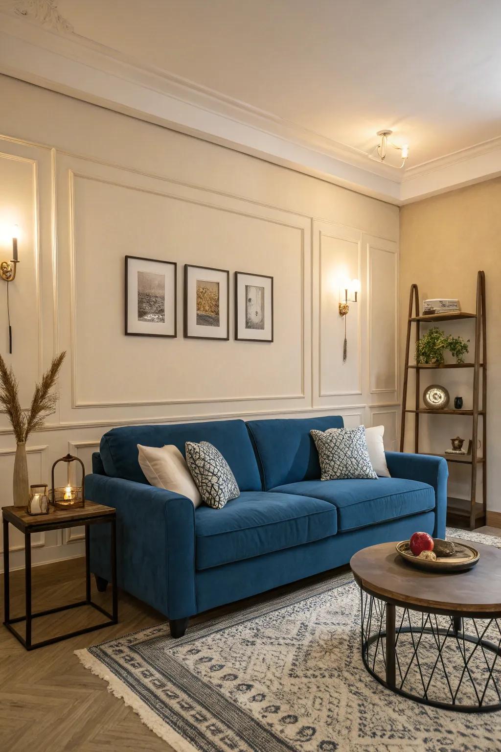 A striking blue couch acts as the central feature in this beautifully designed living room.