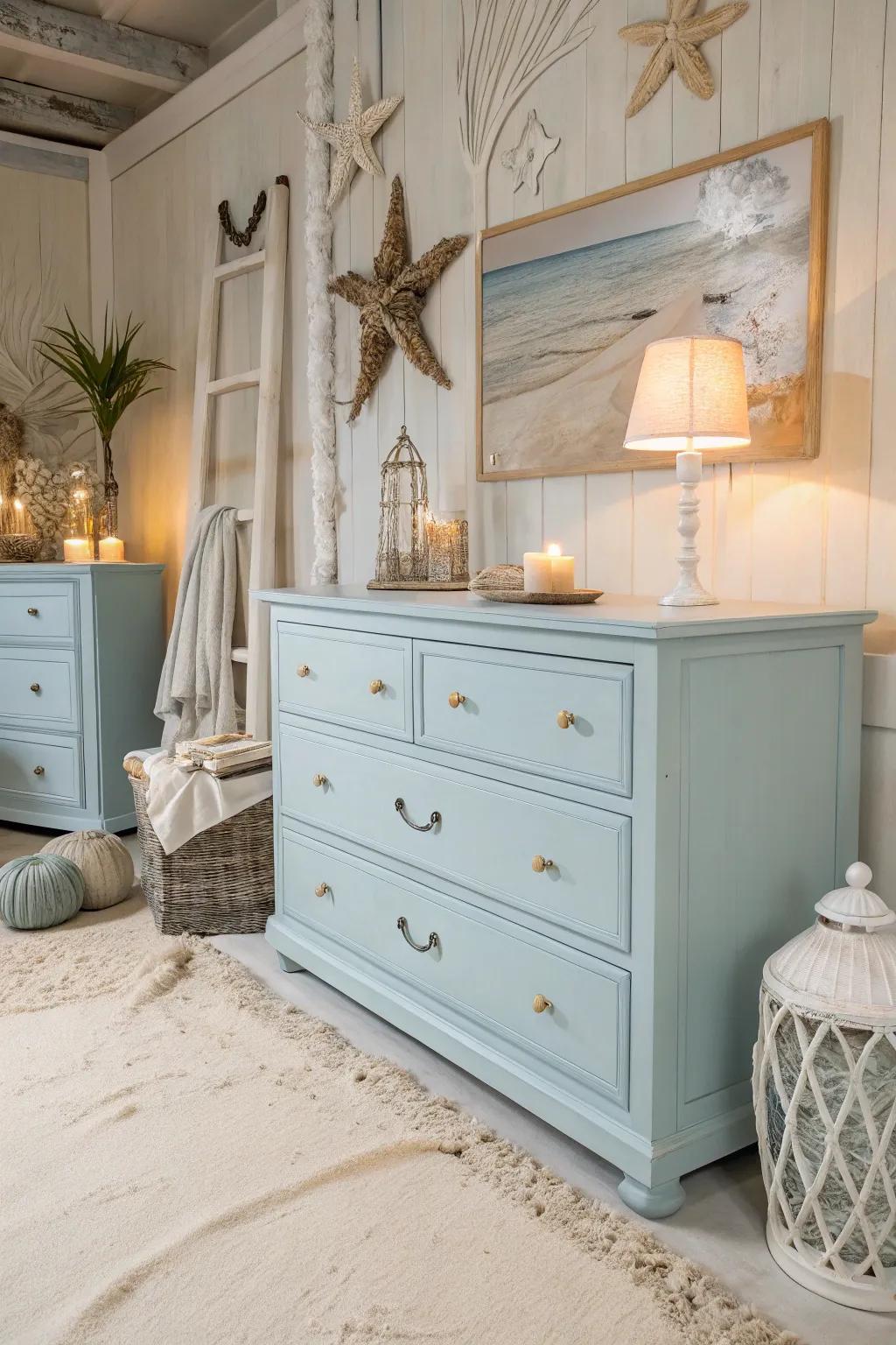 A coastal blue dresser bringing a refreshing vibe to a beach-themed area.