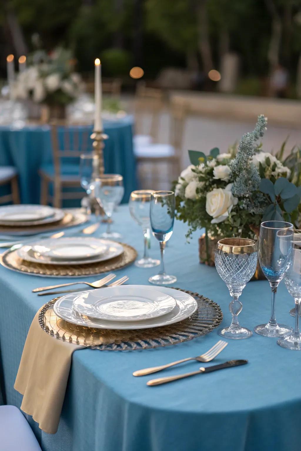 A sophisticated blue-themed table setting arranged for a lavish celebration.