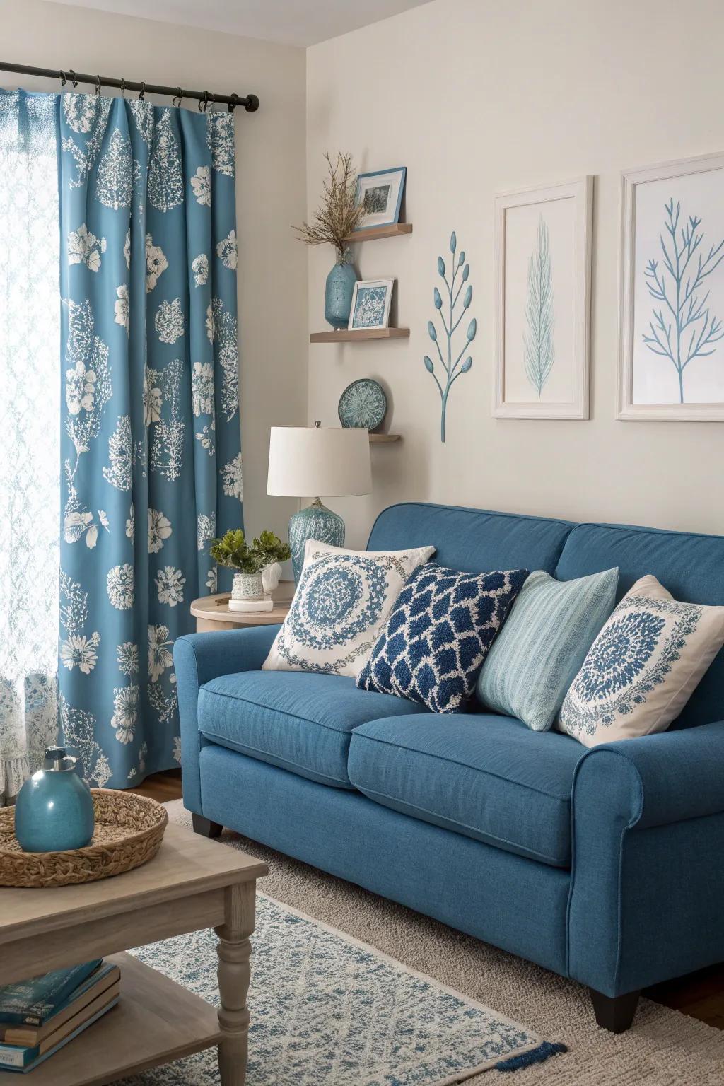 Combine various blue tones for a serene monochromatic look.