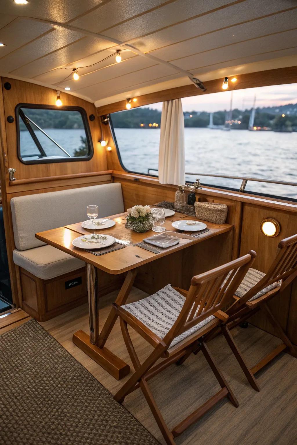 Compact dining area with a foldable wooden table on a boat.