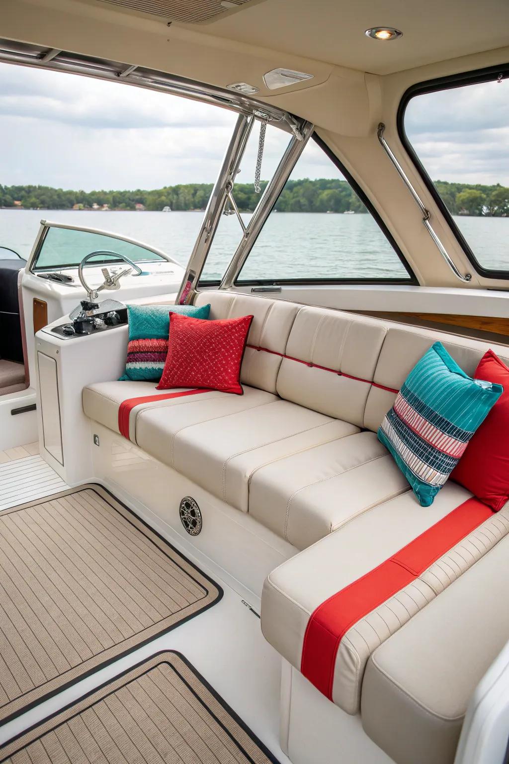 Achieving the perfect blend of muted shades and bold highlights for a timeless boat interior.