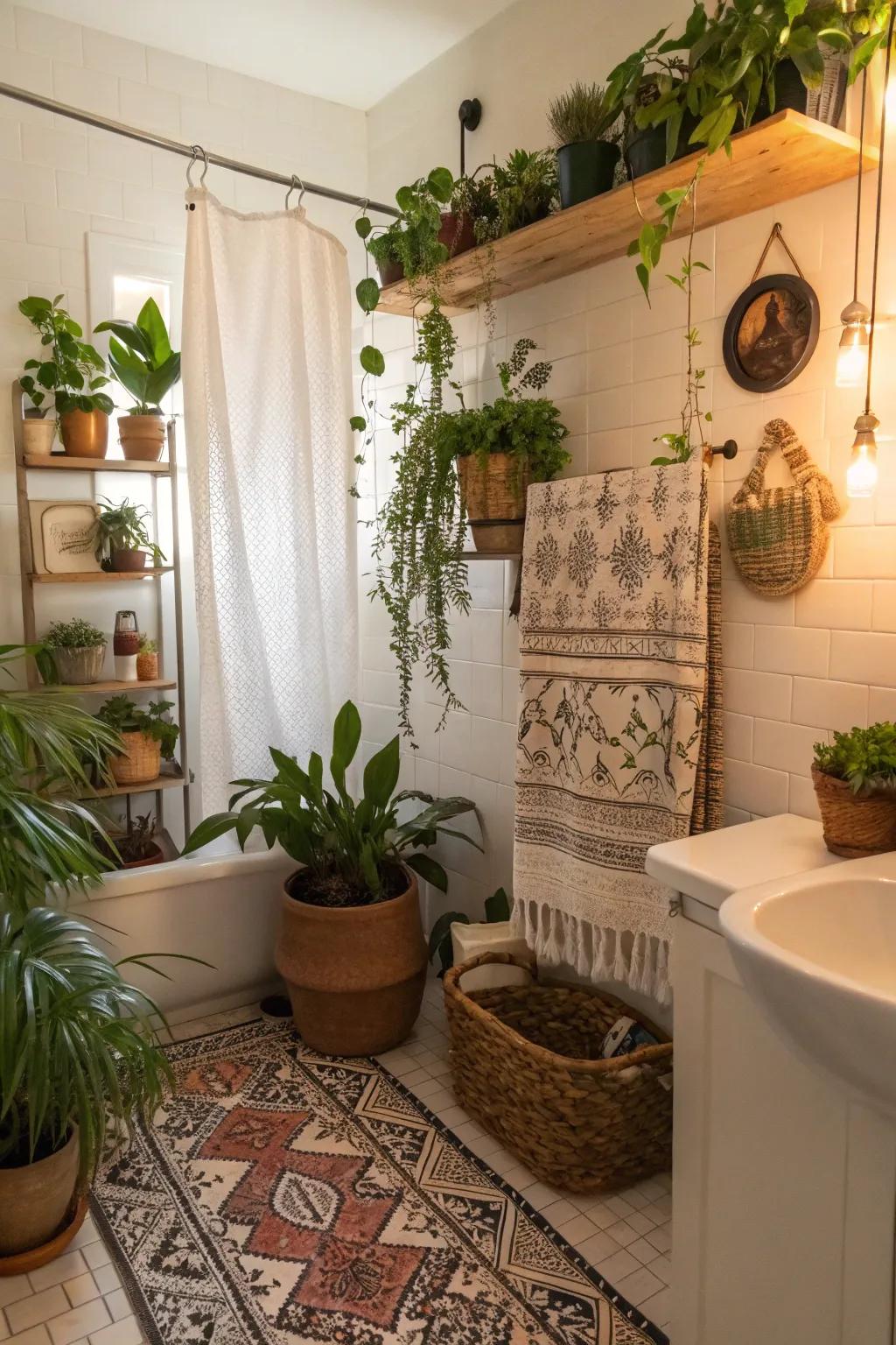 A boho bathroom oasis adorned with lush greenery.