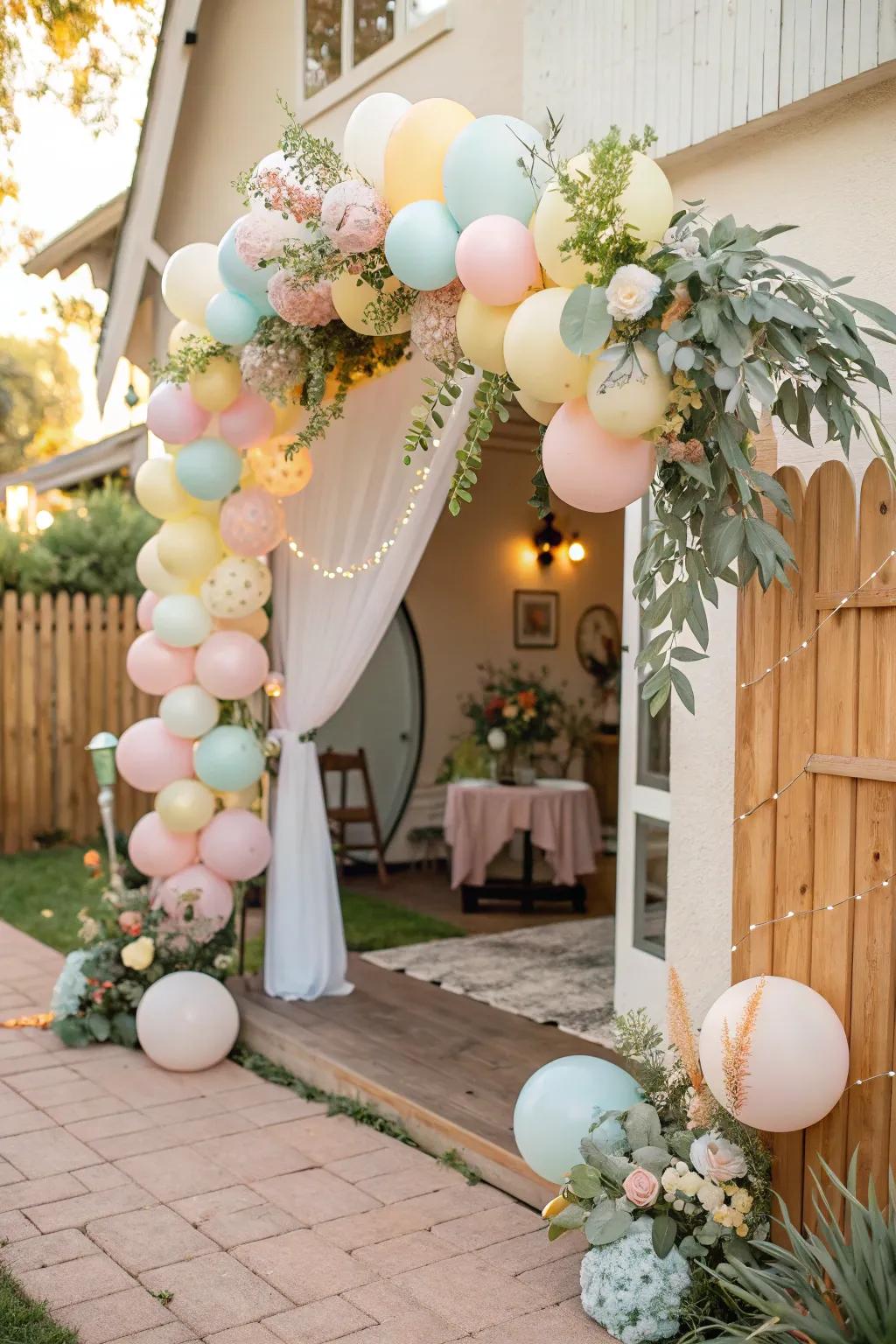 A balloon arch in gentle colors establishes a fanciful atmosphere.