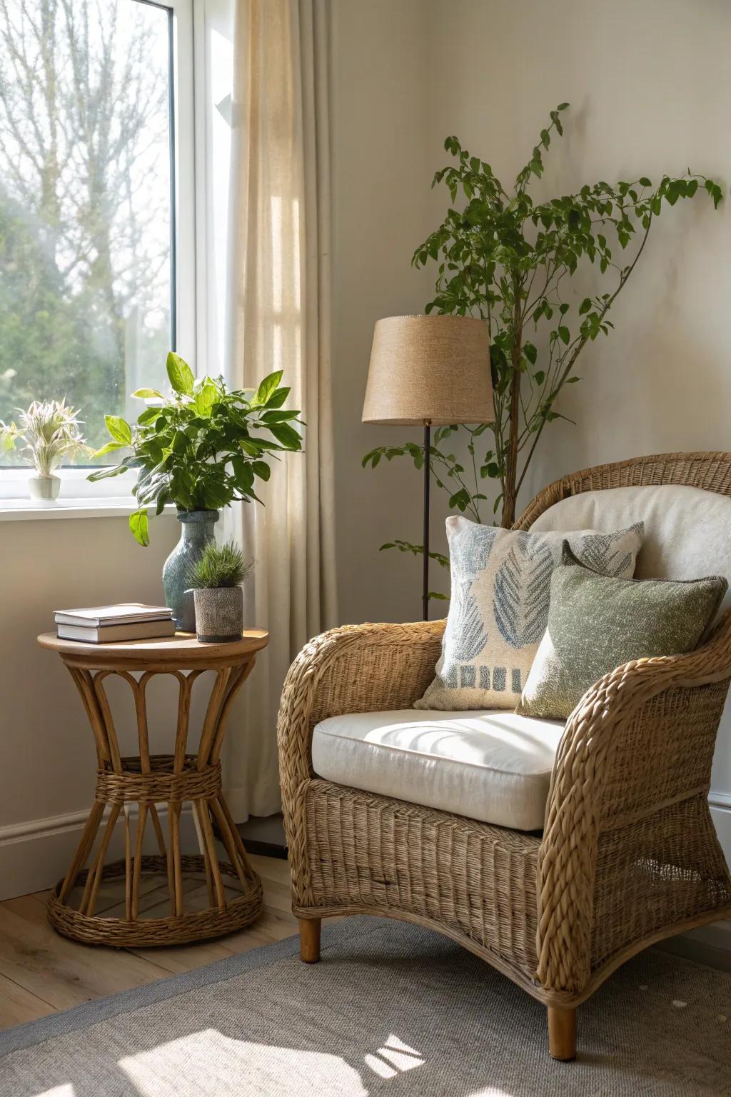 A serene corner featuring a wicker seat and natural accents.
