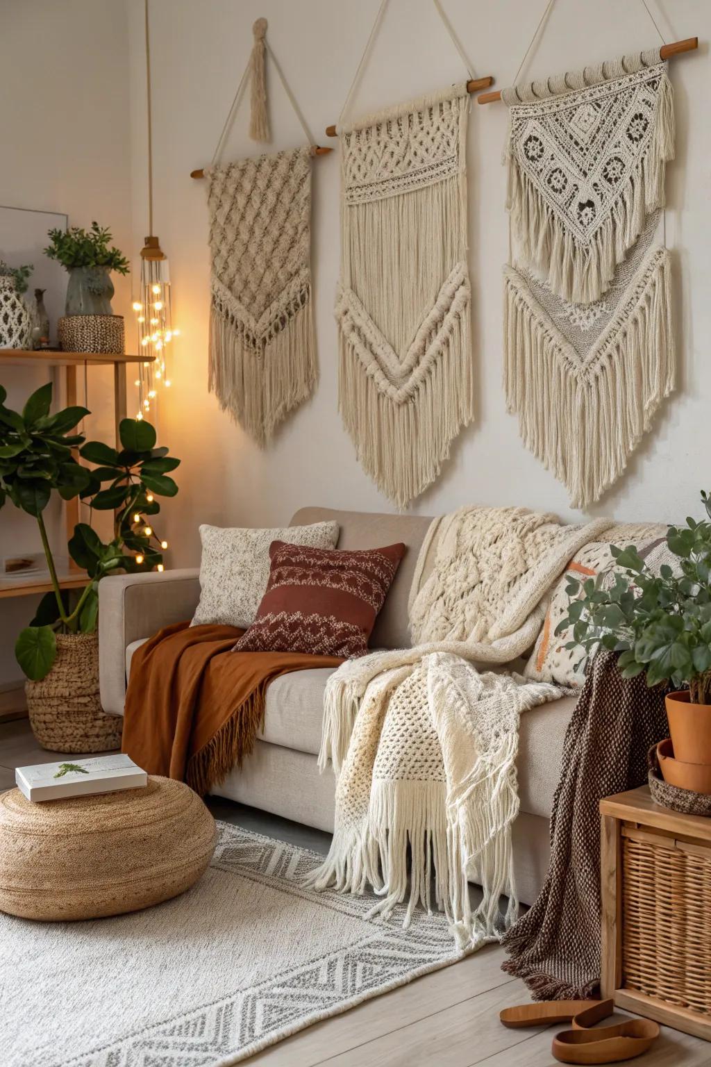 Layered fabrics bring tactile richness to any boho room.
