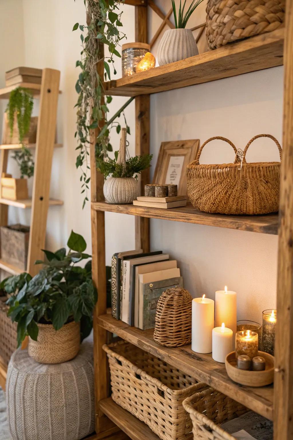 Natural materials like wood and rattan add a rustic touch.