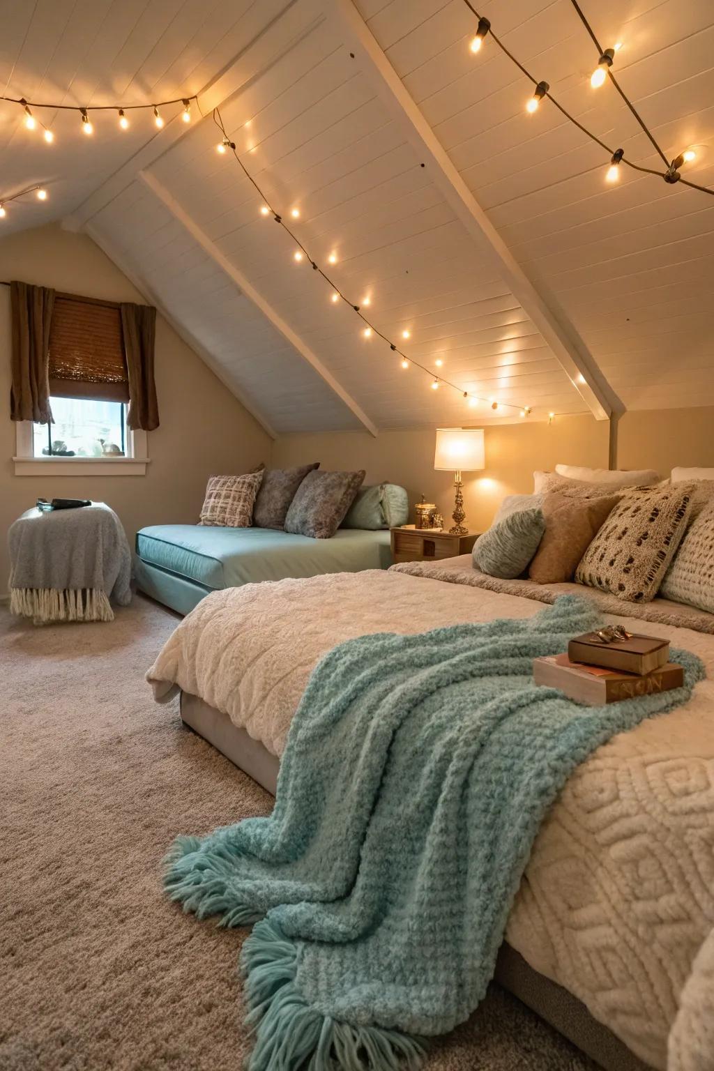 Soft lighting and plush textiles contribute to a cozy retreat.