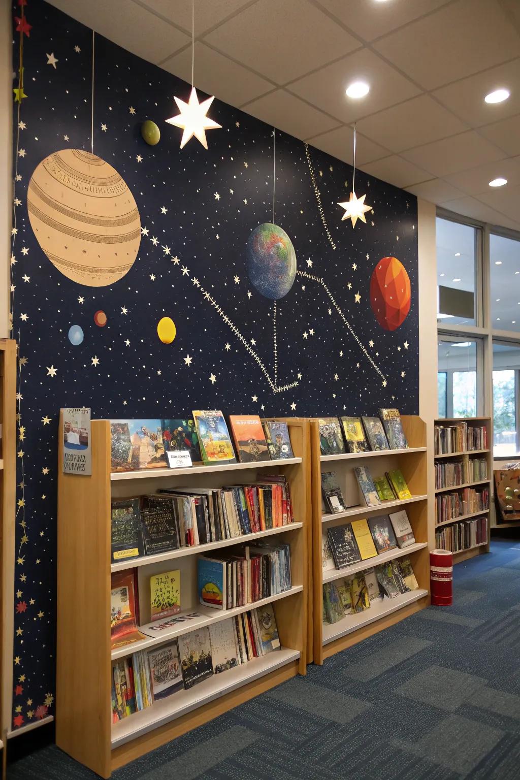 A corner exhibit themed around outer space at the book fair.