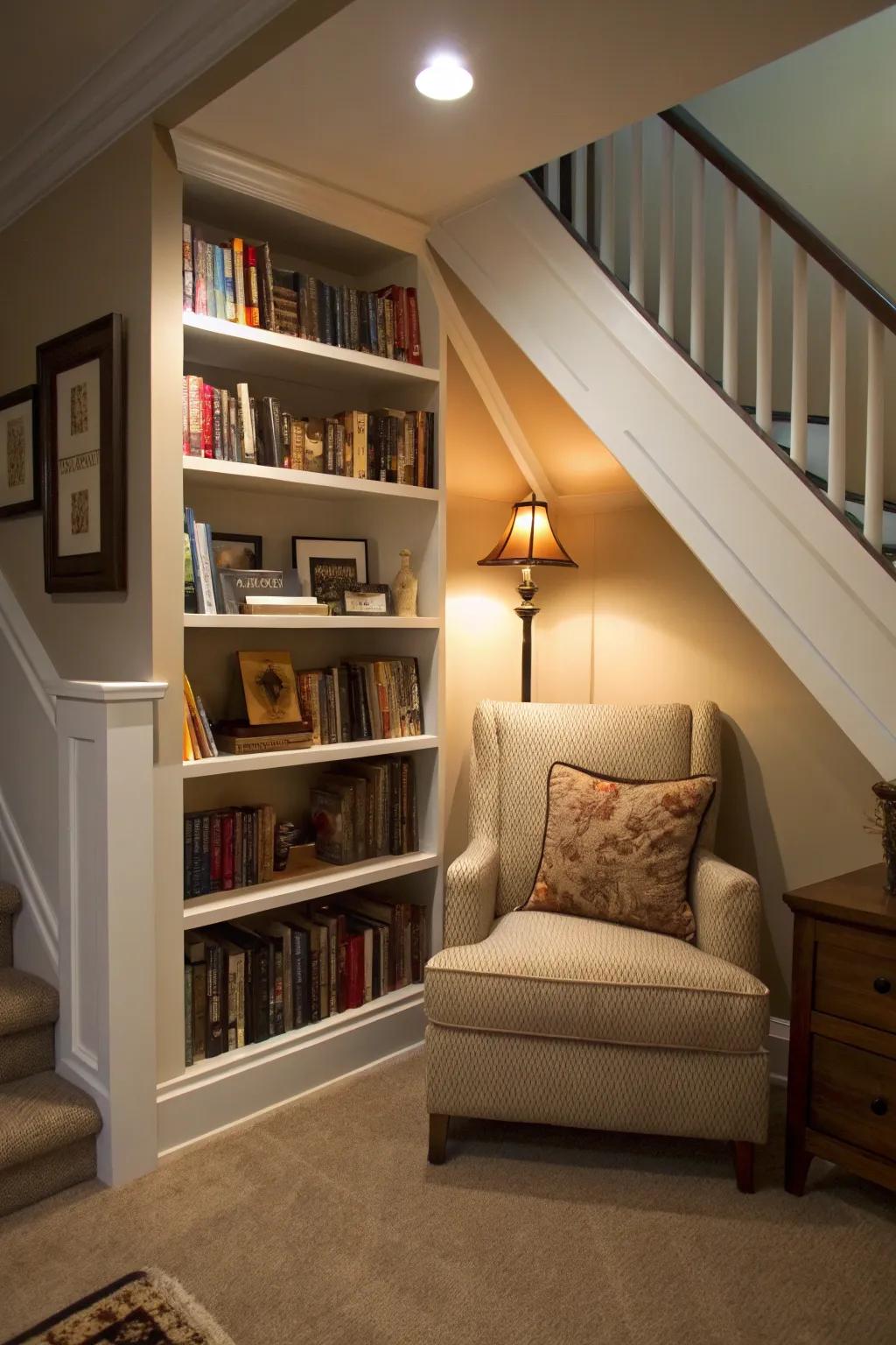 A clandestine book nook tucked under the staircase, an ideal spot for tranquil reading sessions.