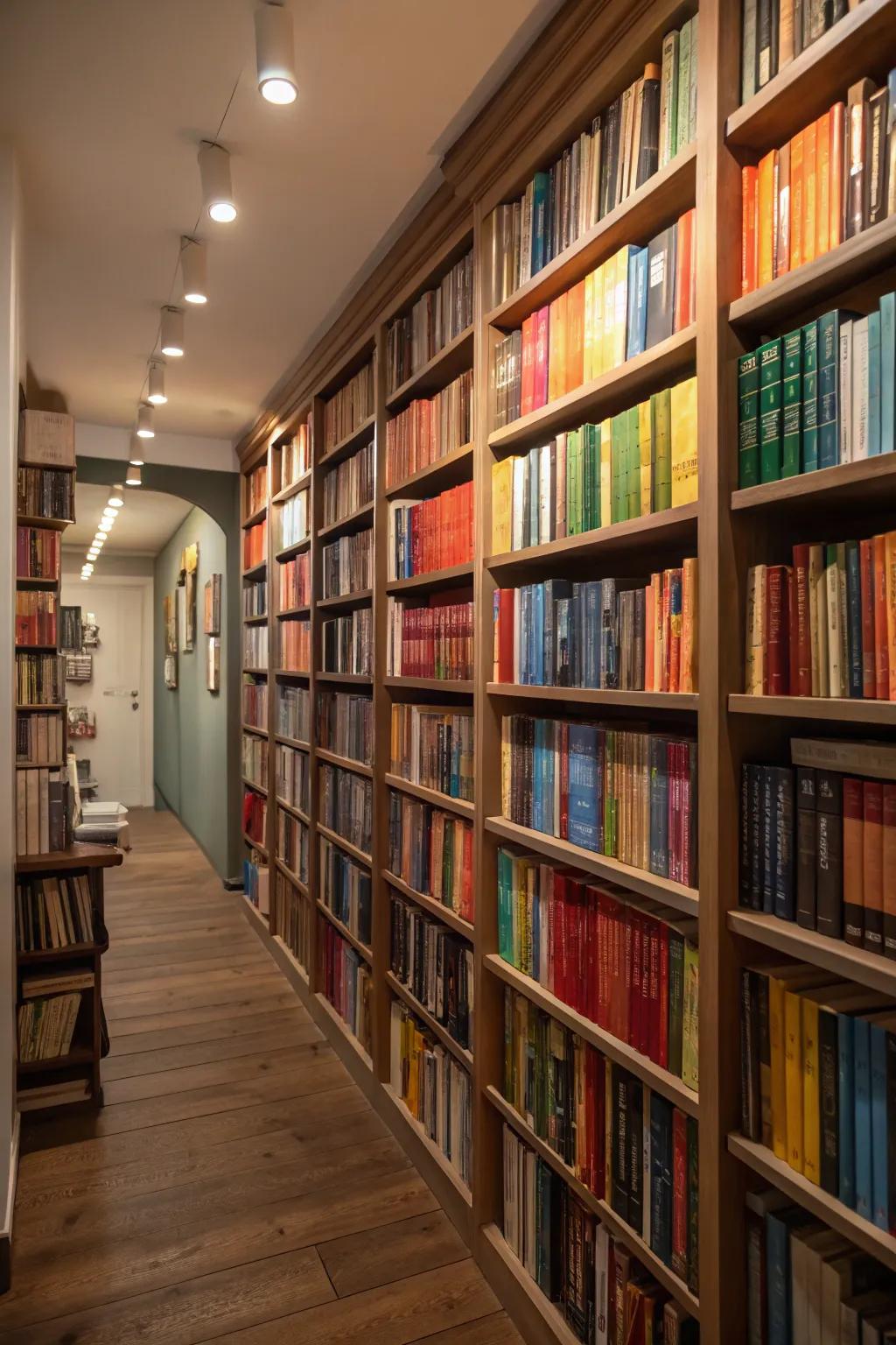 A breathtaking showcase of books reaching to the ceiling, sure to grab anyone's attention.