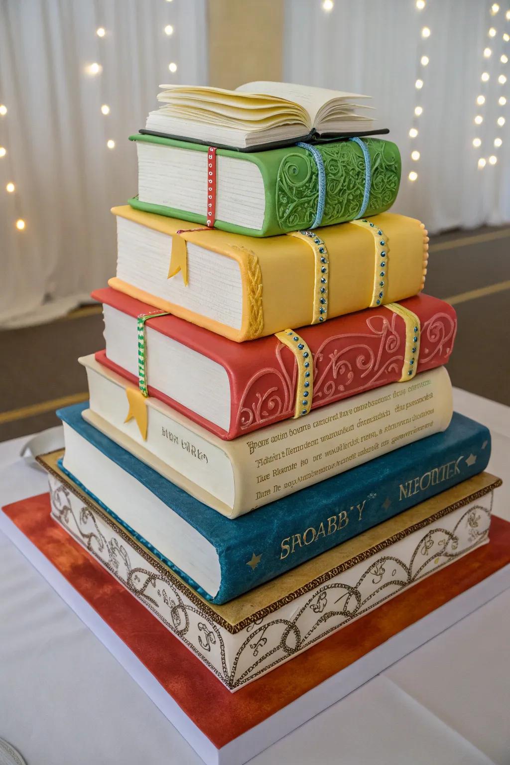 A cake that looks like a stack of beloved books.