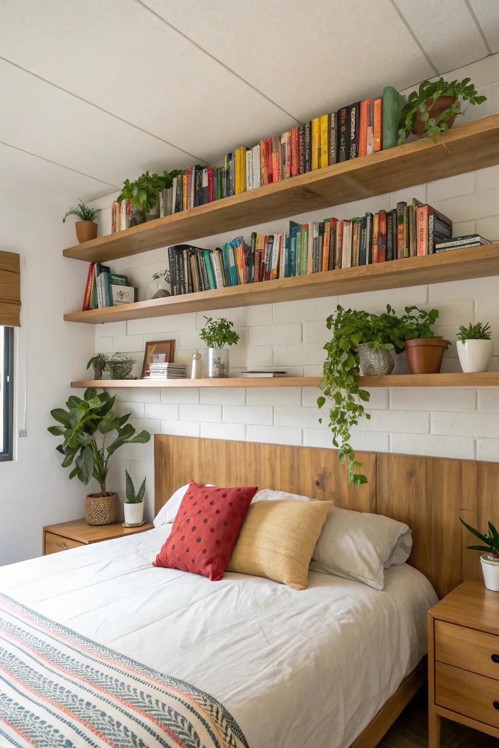 Wall-mounted shelves introduce grace and practicality above the bed.
