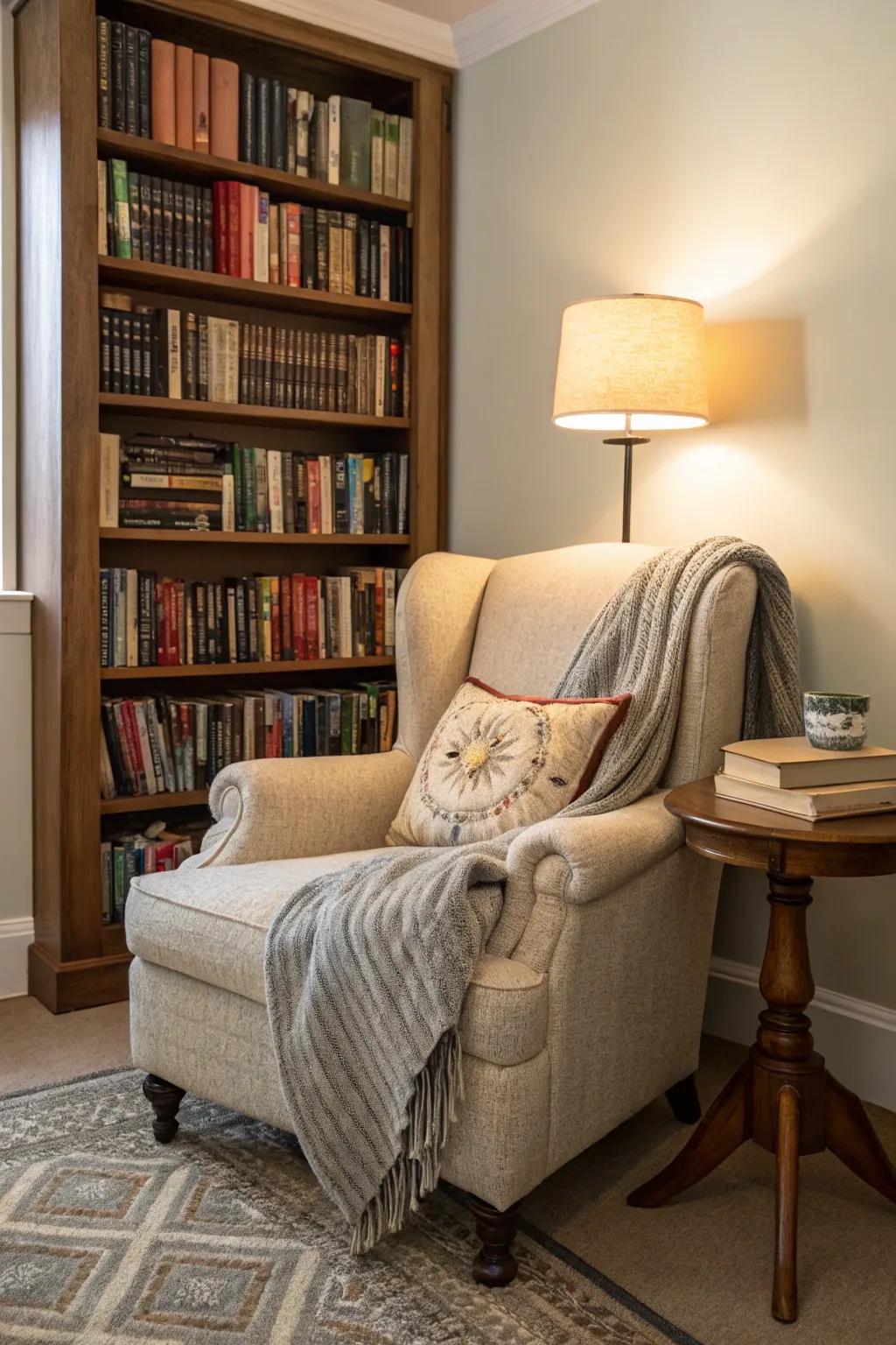 A cozy reading nook beside the bookshelf wall.