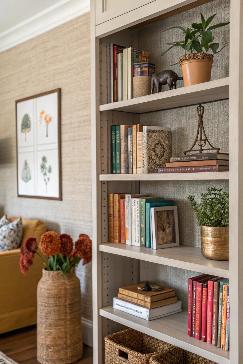 Bookshelf adorned with textured grasscloth wallpaper for a warm, inviting vibe.