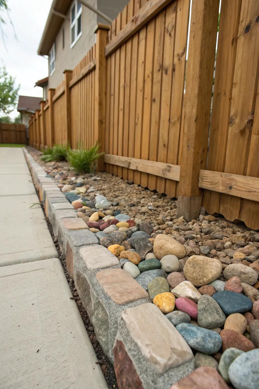 Stones and pebbles add depth to your fence line.