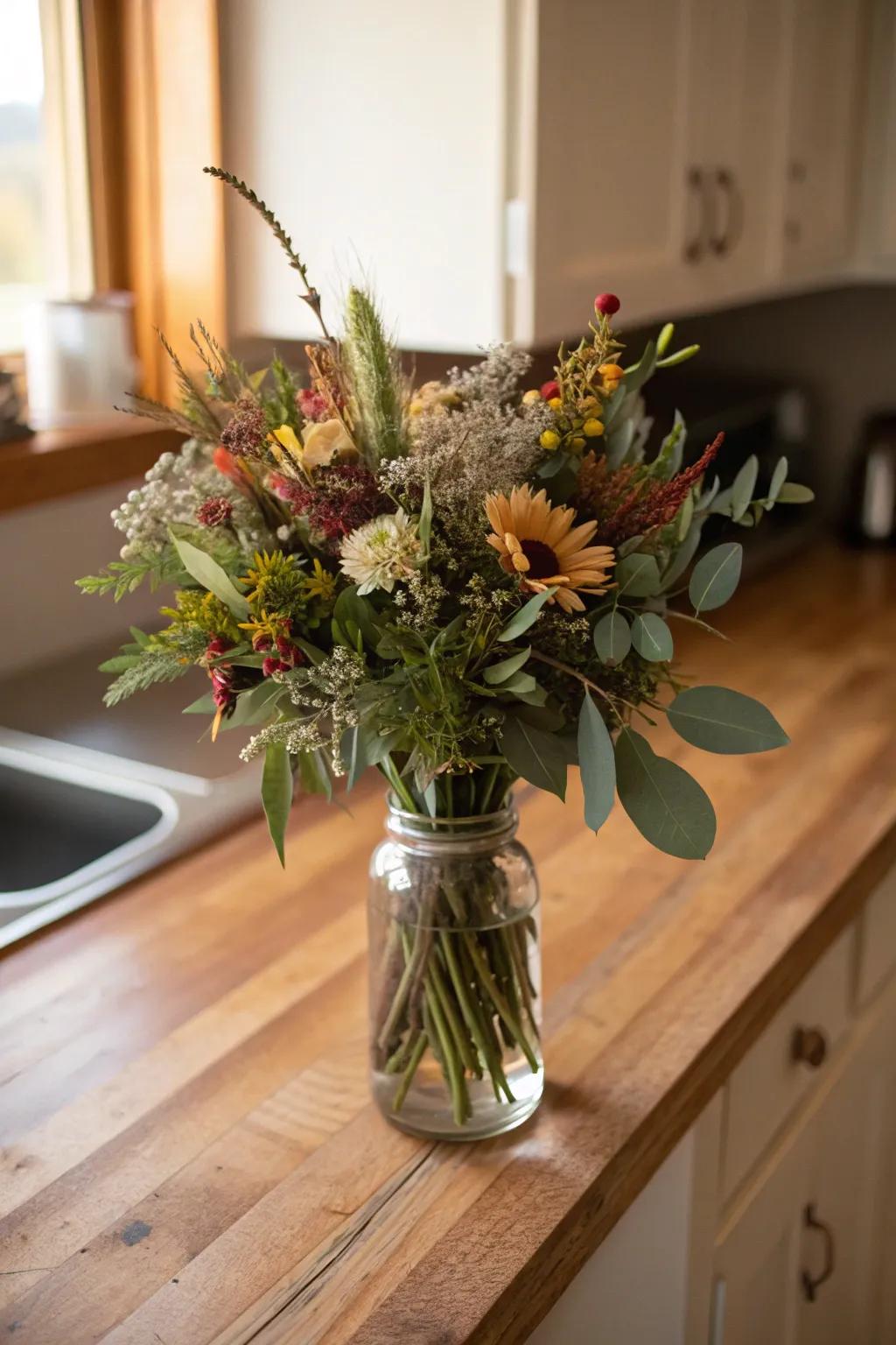 Rustic wildflower bouquet brimming with natural allure.