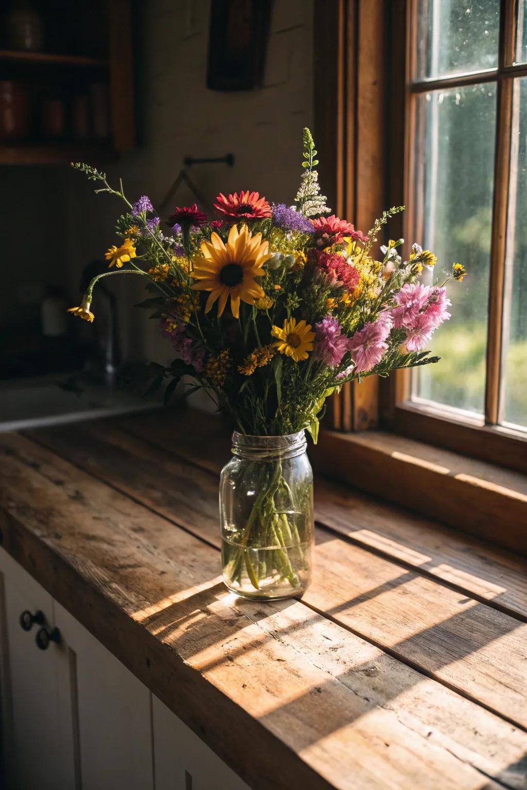 Wildflower bouquets usher the outdoors inside.