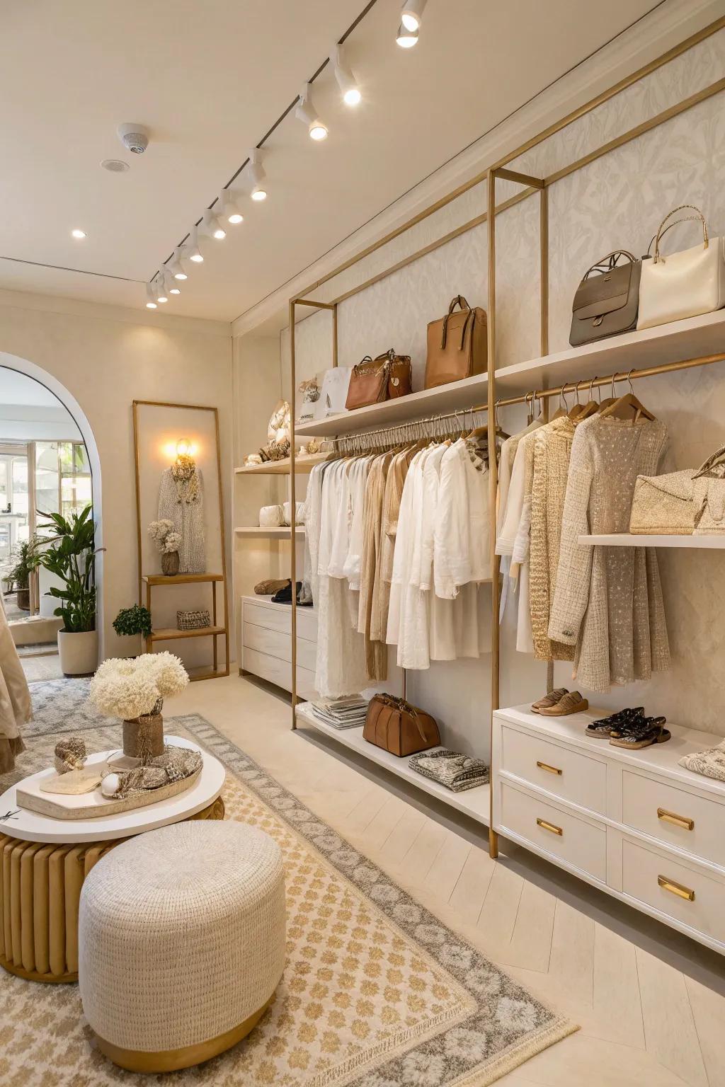 A boutique interior featuring a neutral and soft color palette, exuding coziness and sophistication.