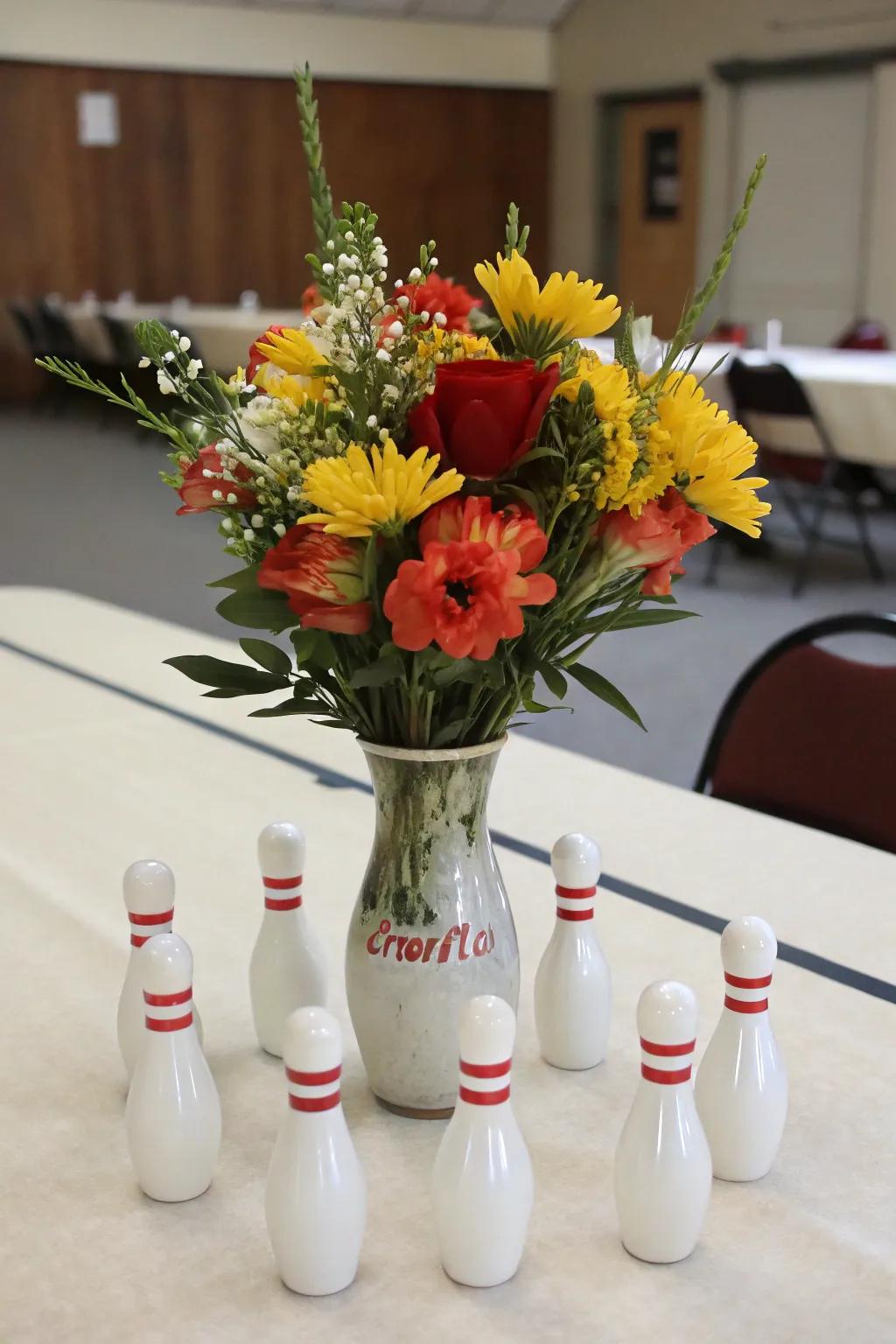 Vibrant blossoms introduce a natural sophistication to a bowling-themed centerpiece.
