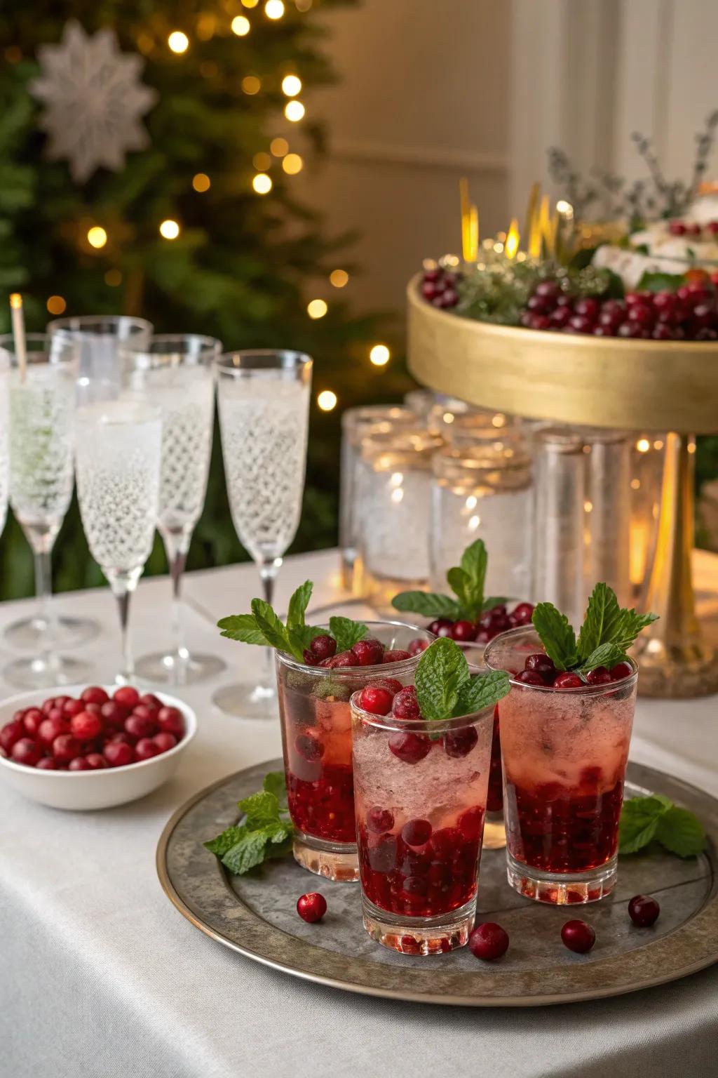 A classy drink station featuring holiday-themed mixed drinks and garnishes.