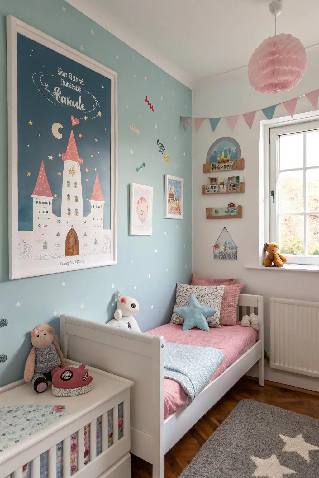 Individual color palettes personalize each child's area effectively.