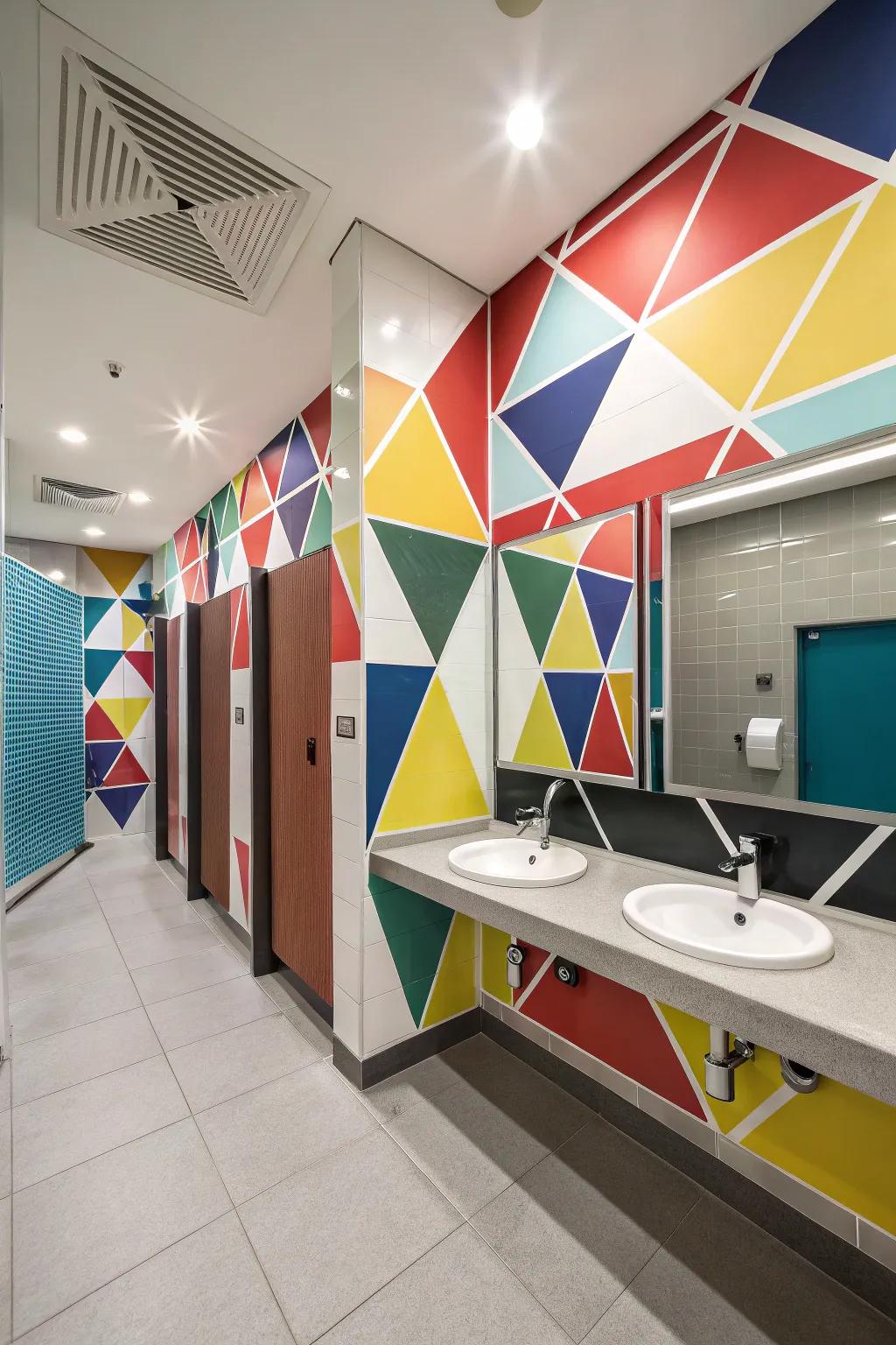 A modern boys' bathroom enhanced with geometric themed decor.