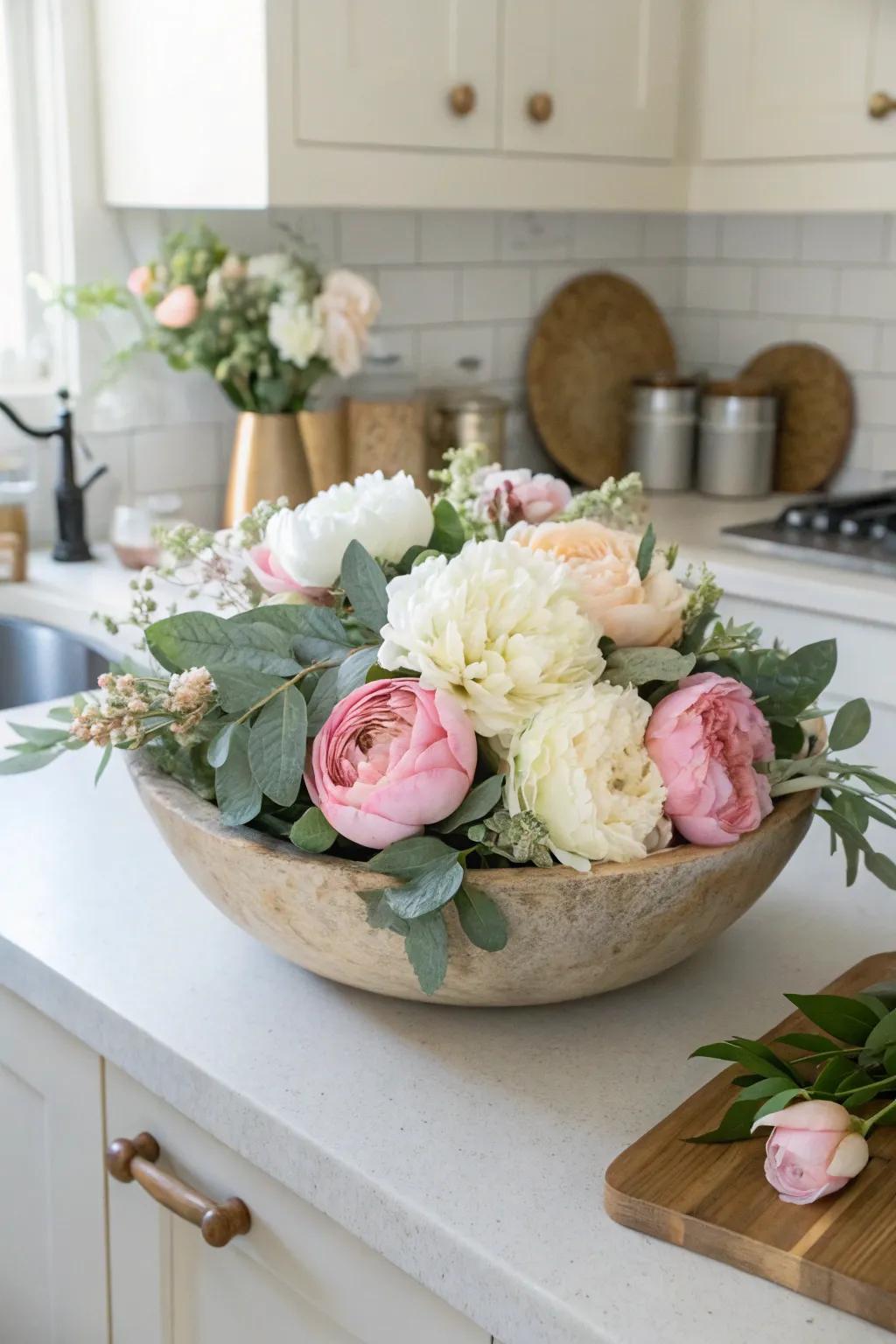 Spring blooms in a rustic bowl infuse freshness into any area