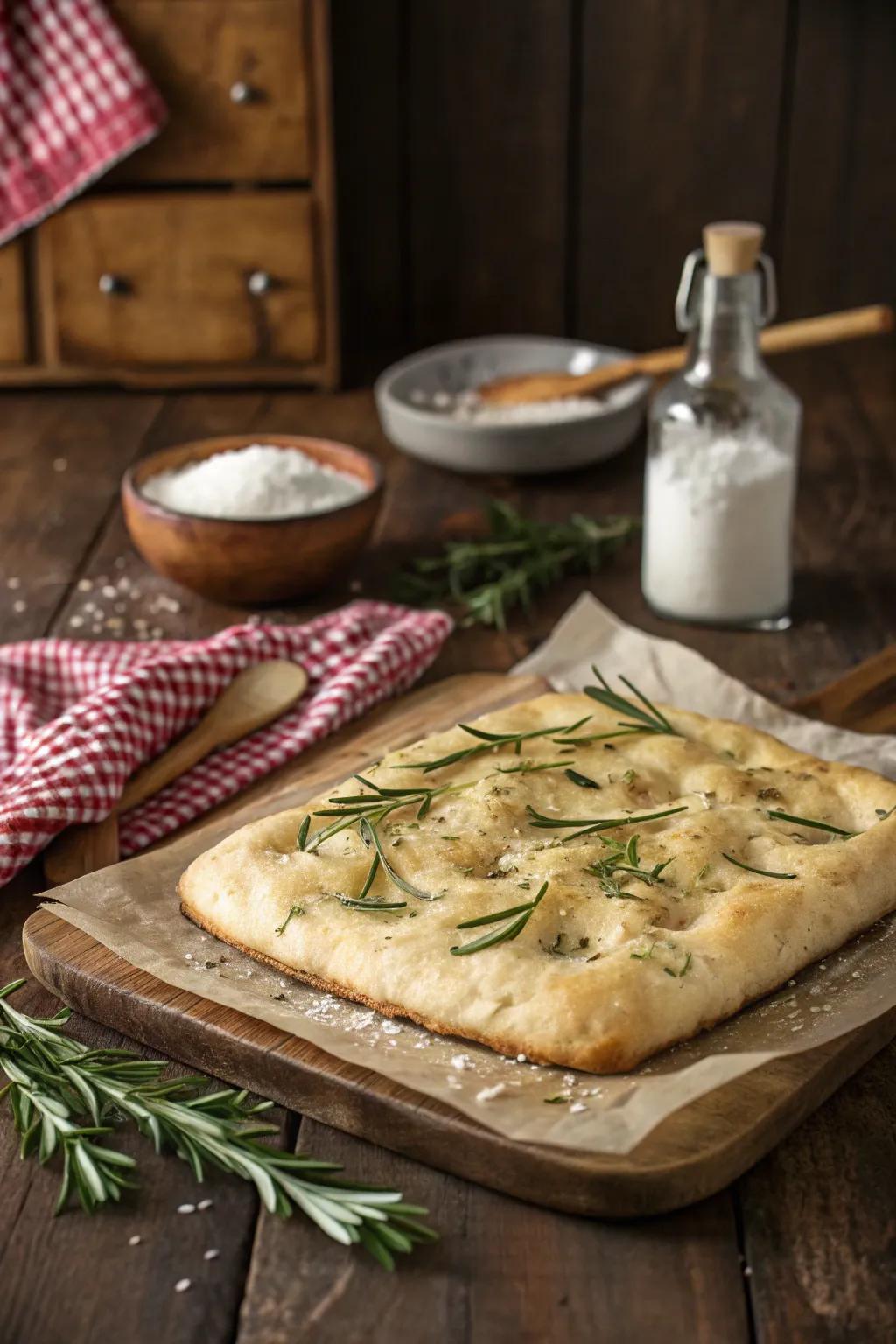 A classic focaccia, boasting a light and flavorful profile, ready to enhance any occasion.
