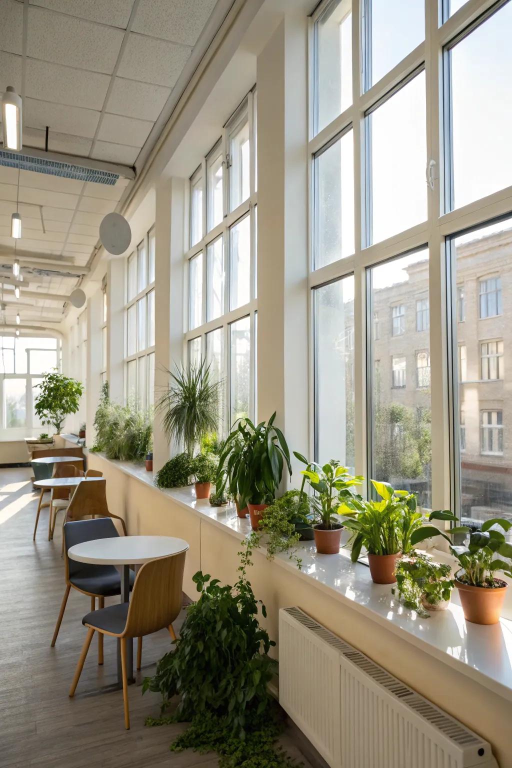 Natural lighting brightens the break area, fostering an inspiring atmosphere.