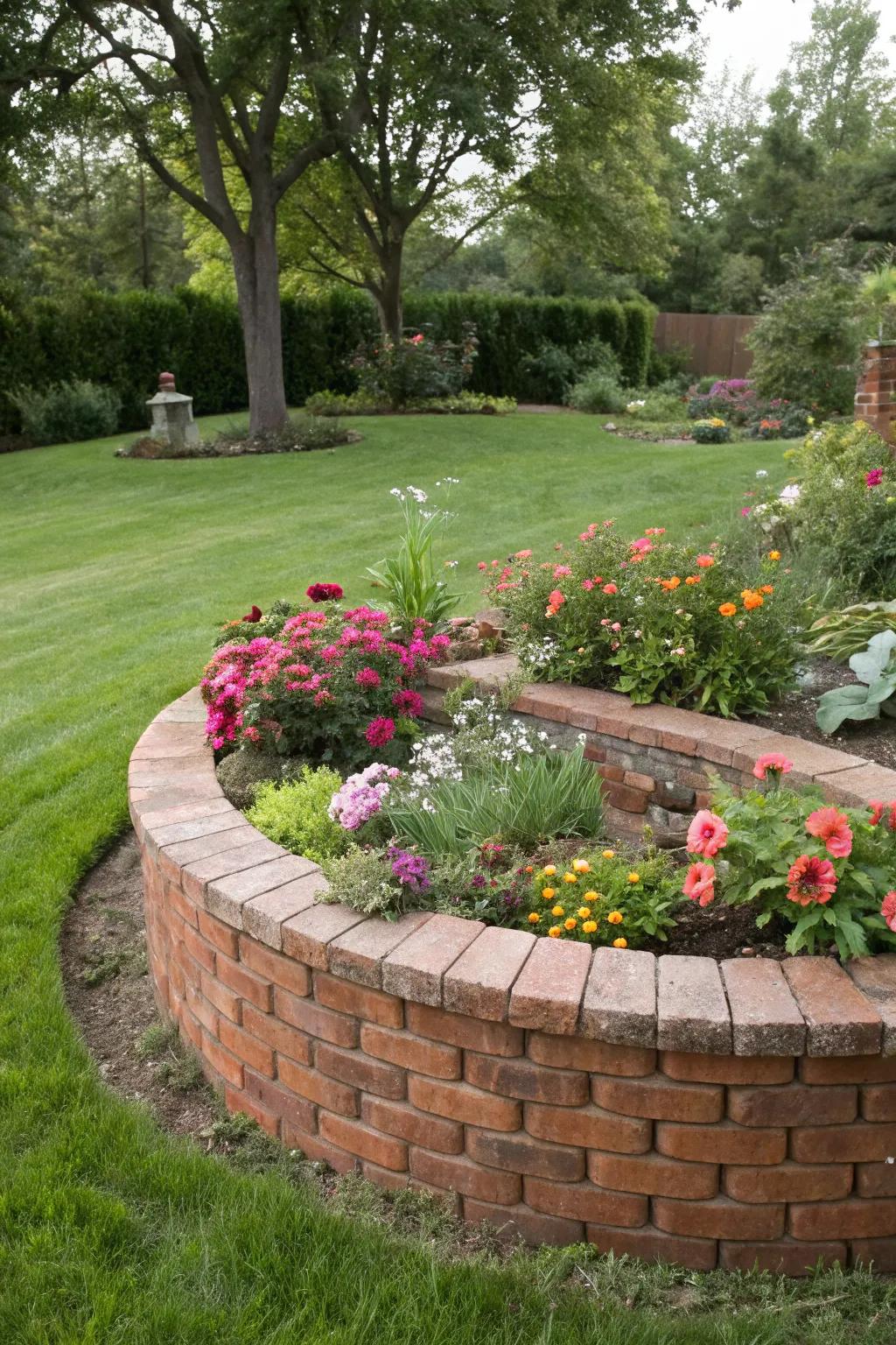 Add a captivating twist to your garden with a round brick raised bed.