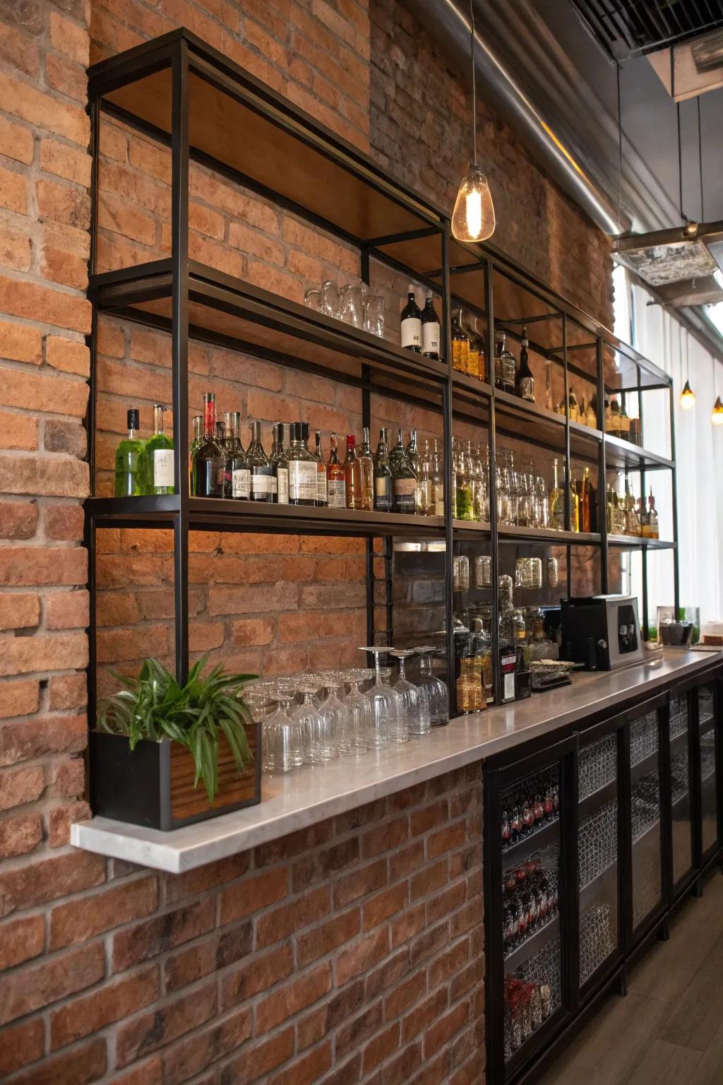 A brick wall hosts metal shelving in an industrial-themed bar setup.