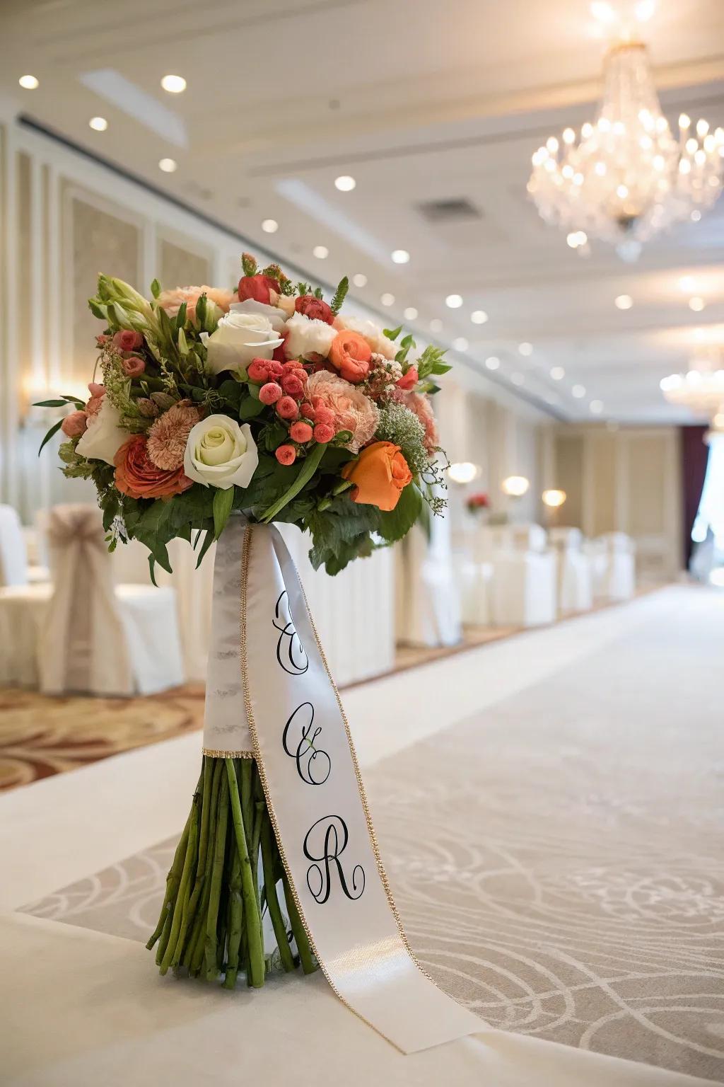 A monogrammed ribbon wrap adds a personal touch to any bridal bouquet.