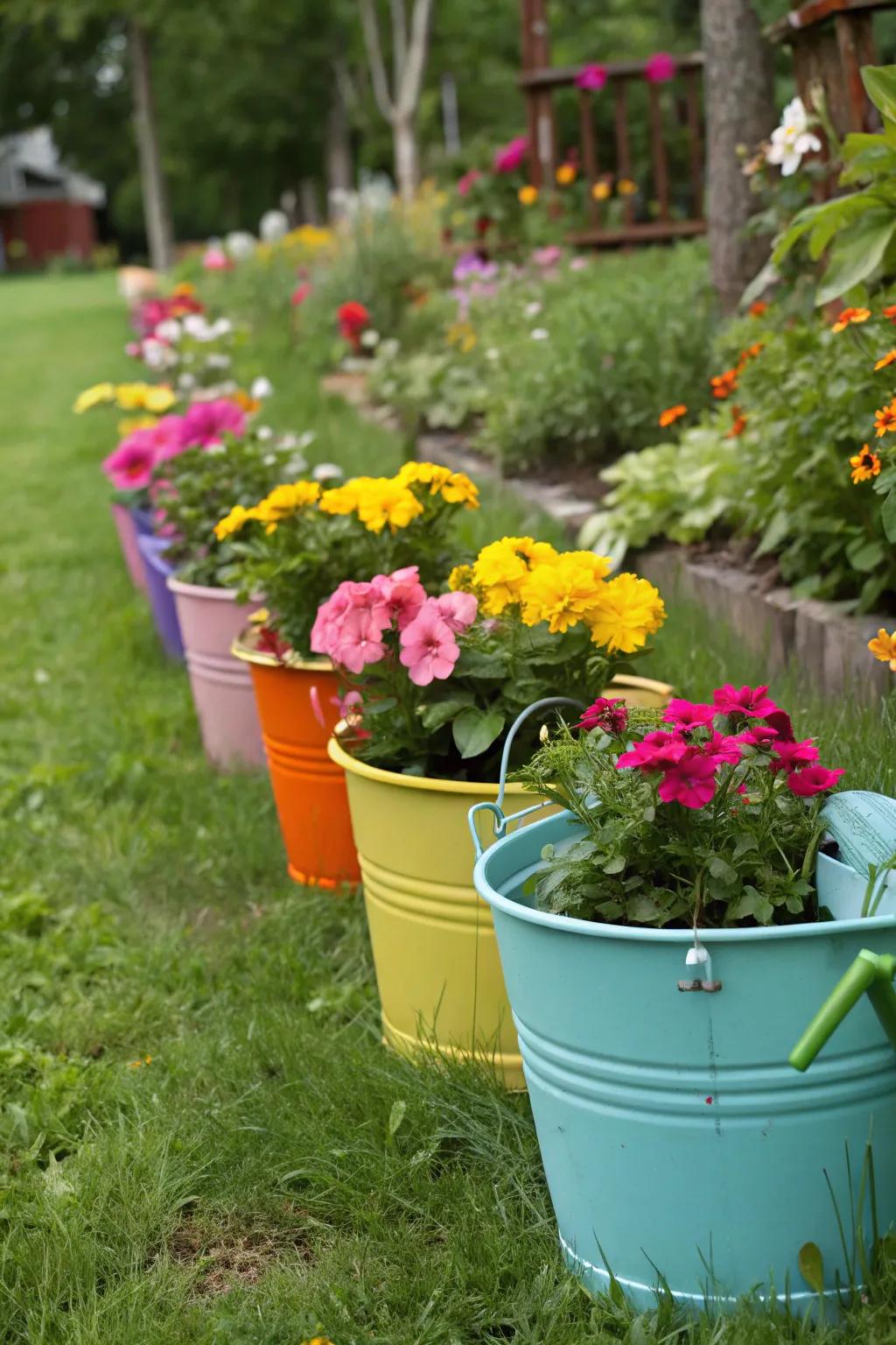 A garden showcasing colorful buckets and blooming flowers.