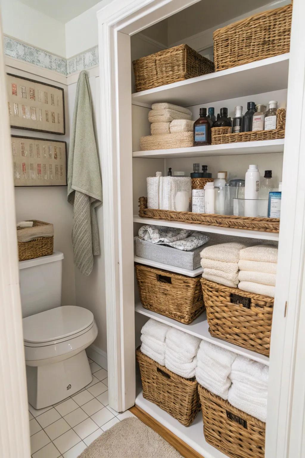 Efficient storage solutions in a small bathroom using shelves and baskets.