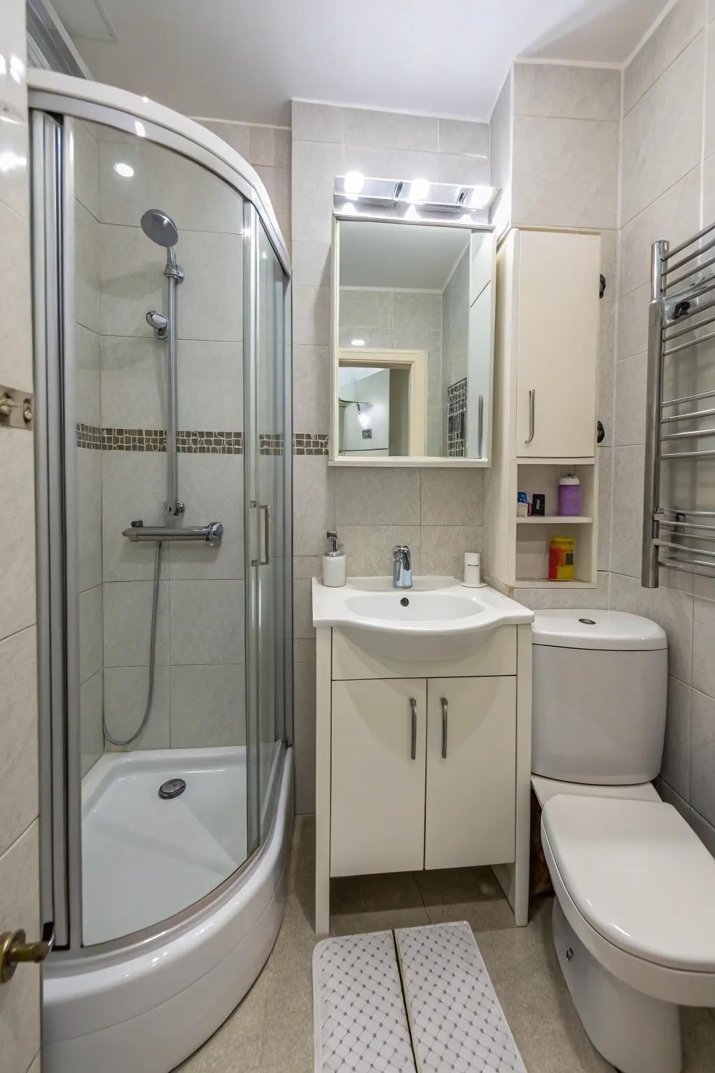 Smart layout choices optimize limited bathroom space.