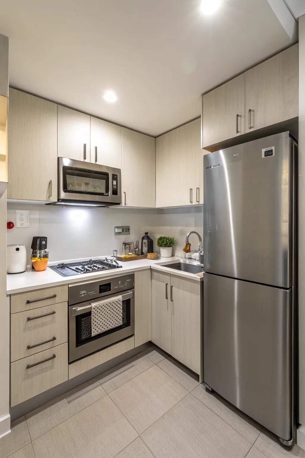 Contemporary appliances introduce a polished touch to a limited kitchen area.