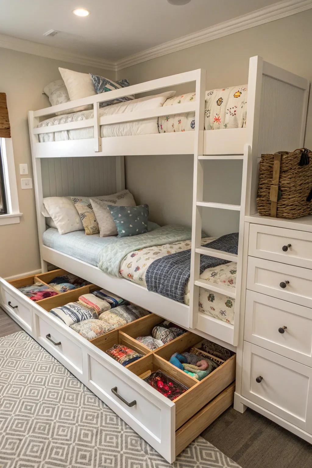 Clever storage solutions beneath your bunks.