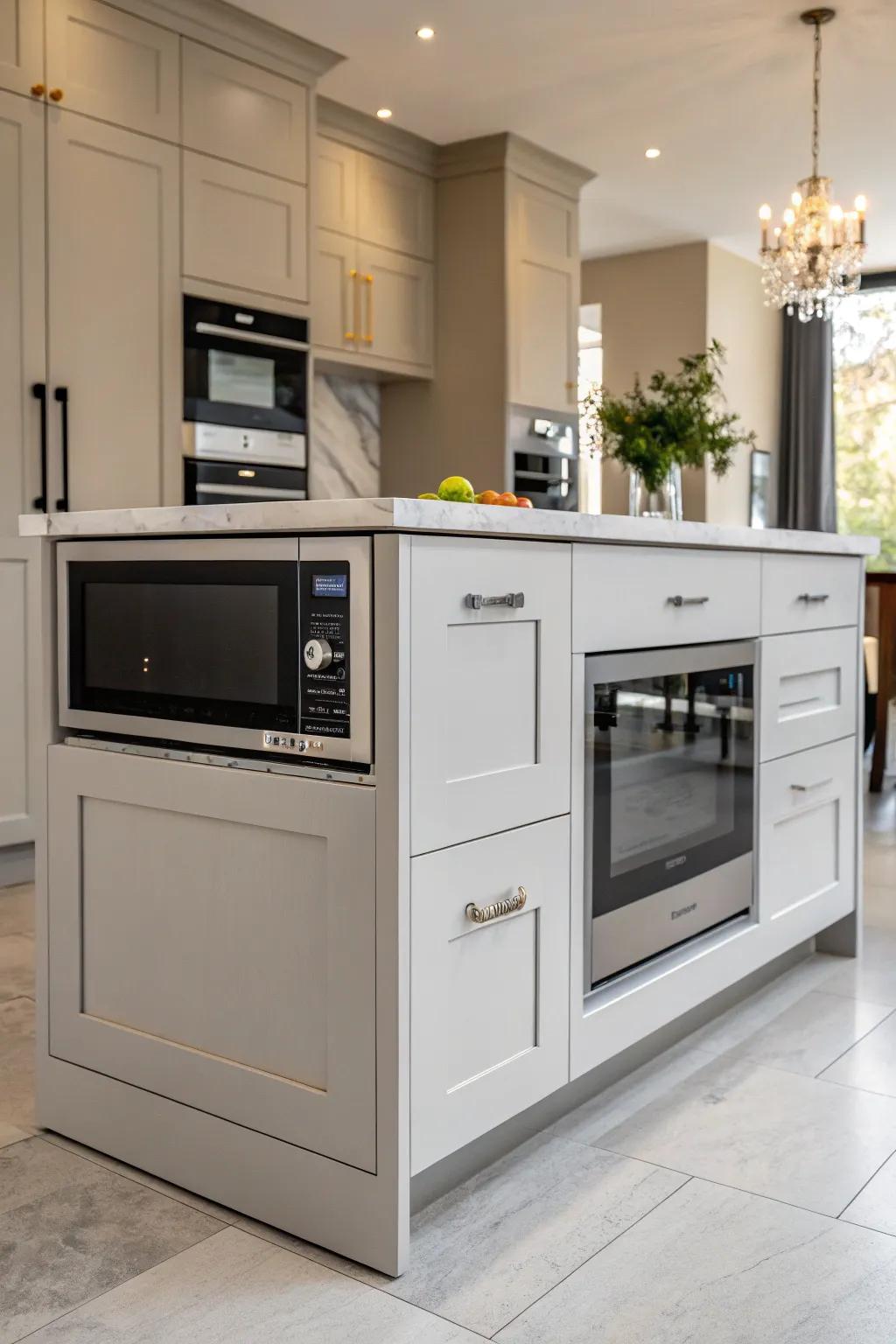 A stylish drawer wave oven built inside a cooking area island.