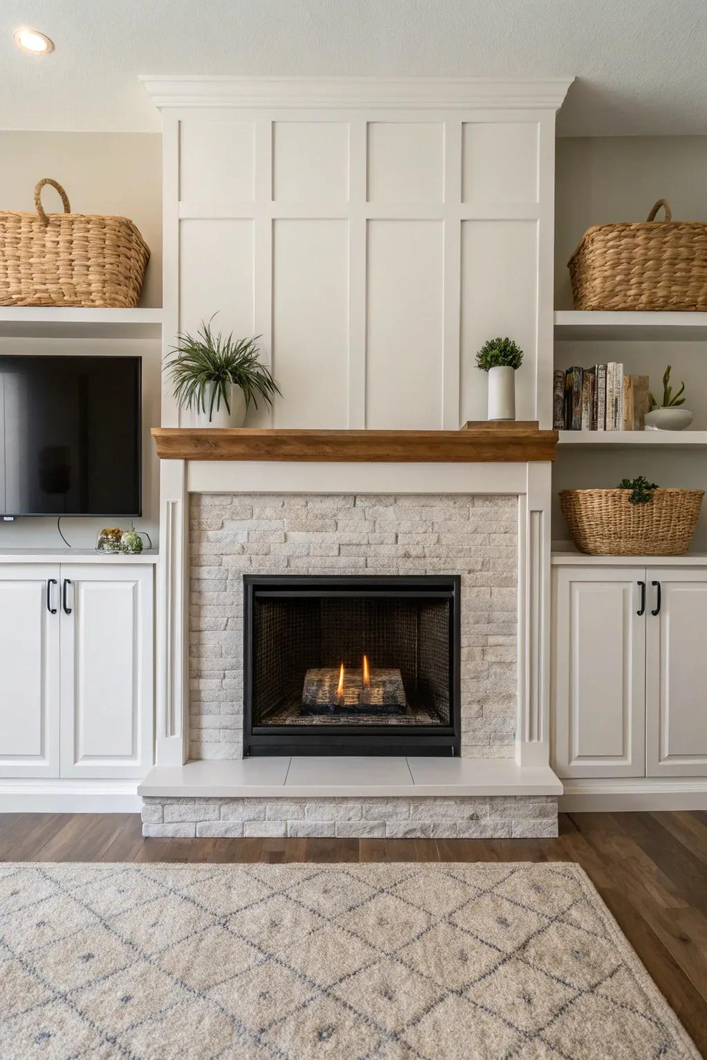 Closed cabinets offer a refined and contemporary fireplace design.