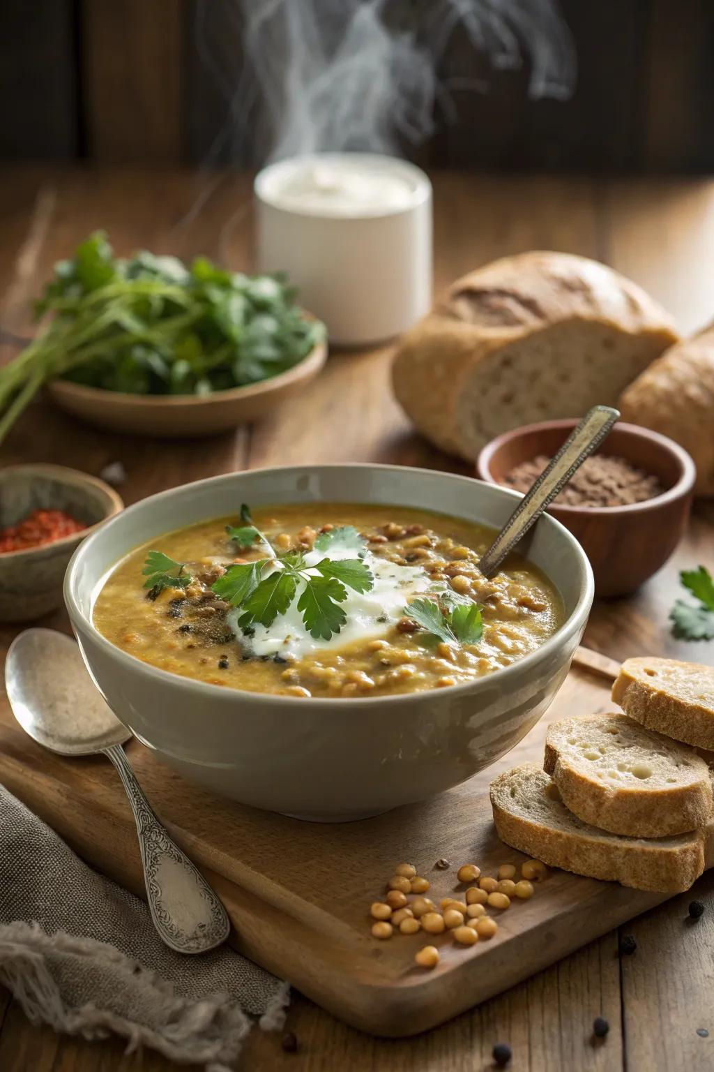 A bowl of creamy lentil soup with coconut, offering warmth and comfort.