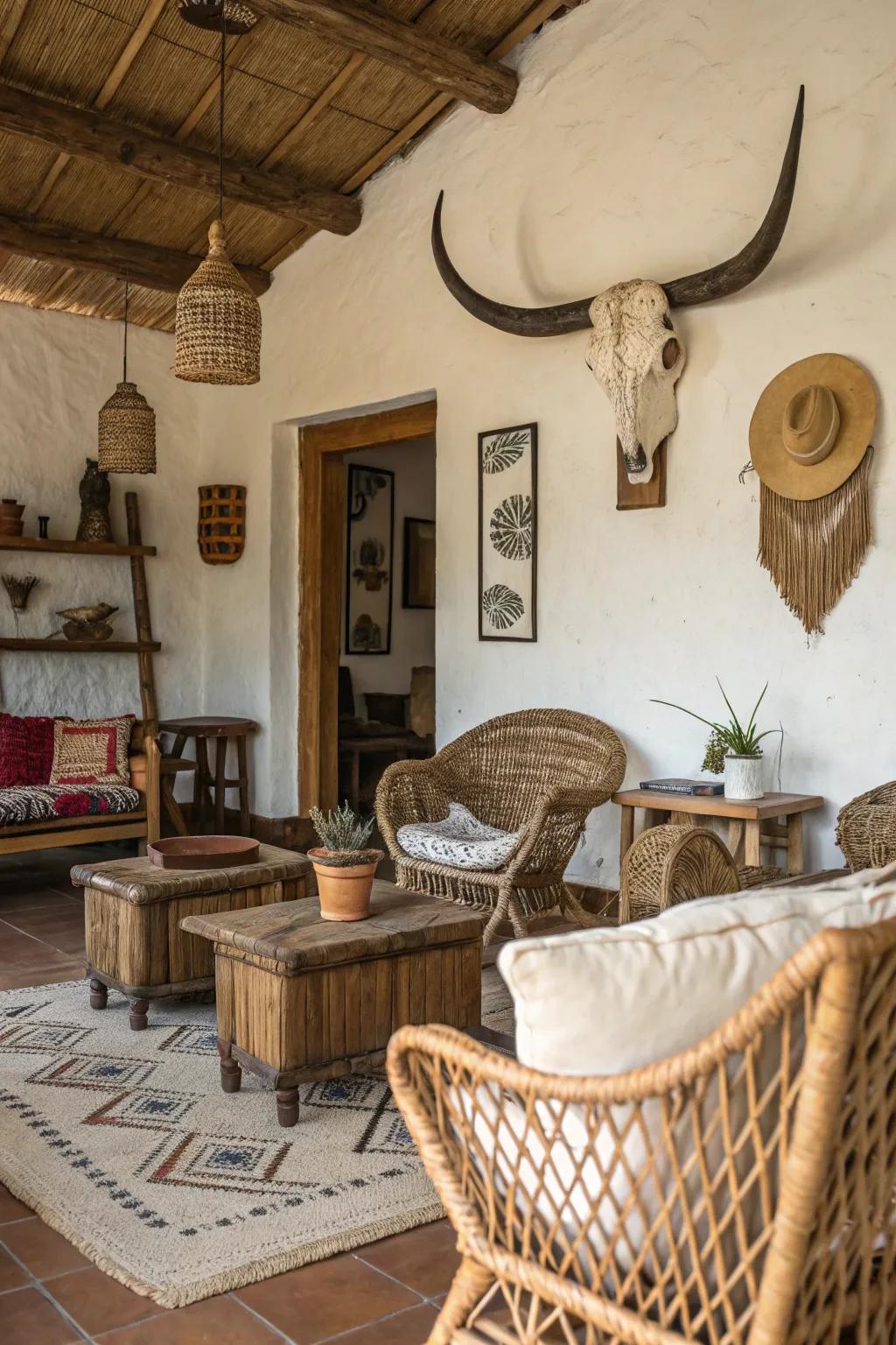 Free-spirited and earthy allure with a bovine skull centerpiece.