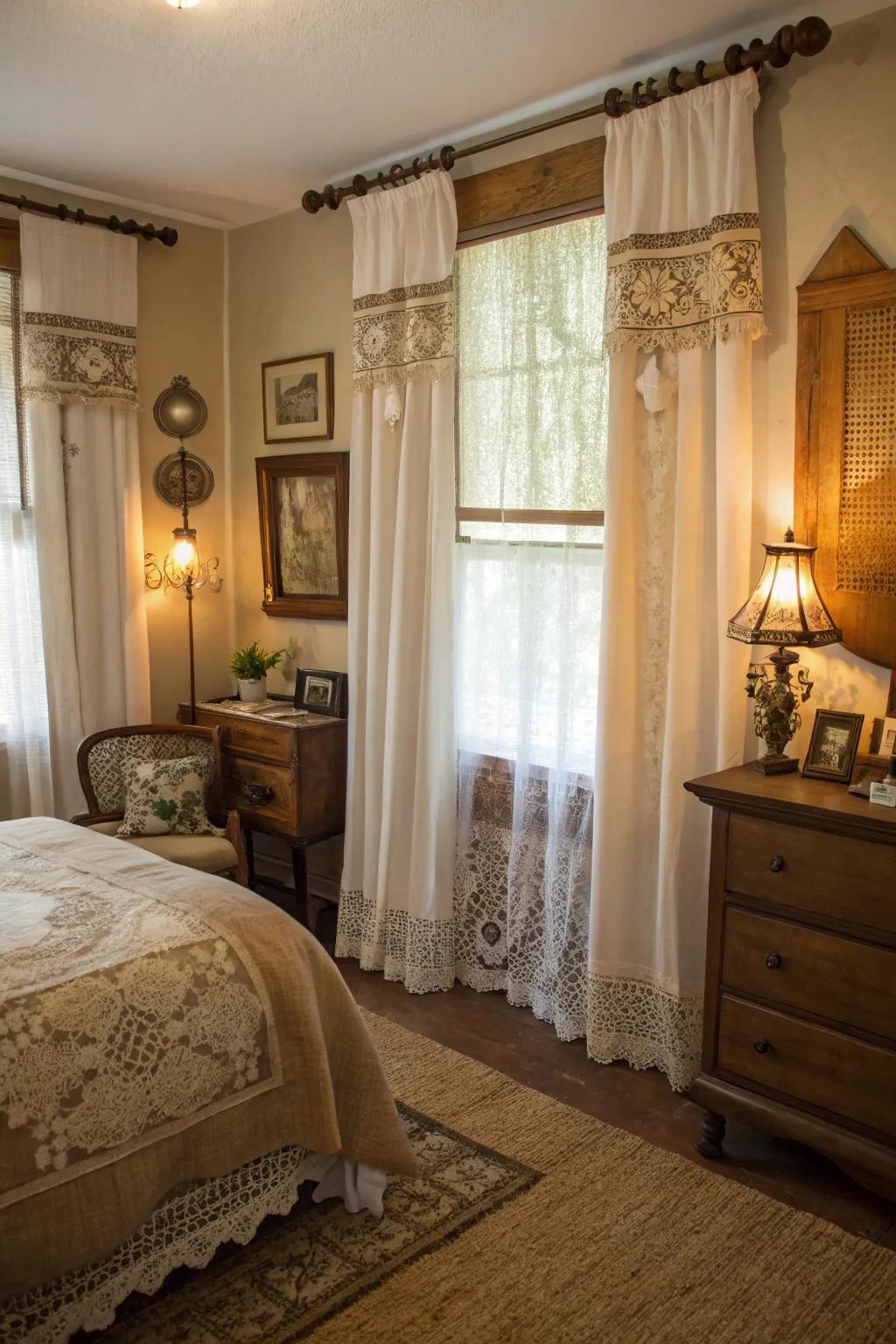 Romantic elegance with layered woven fiber and delicate trim drapes.